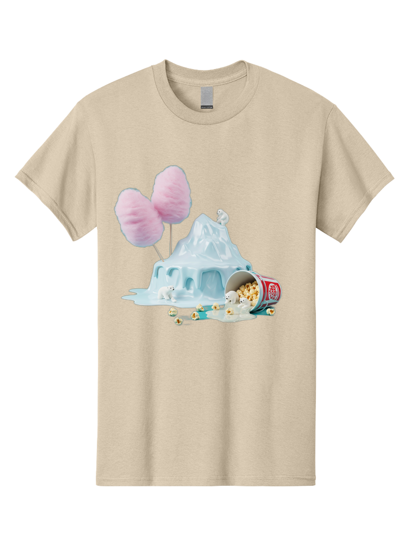 Cotton-Candy-Iceberg Men'S Graphic Tee, 100% Cotton, Comfortable Casual Summer Wear, Machine Washable, Melting Ice, Polar Bears, Popcorn, Cotton Candy, Climate Change, Global Warming, Surreal Scene, Melting Glacier, White Bears Bac921