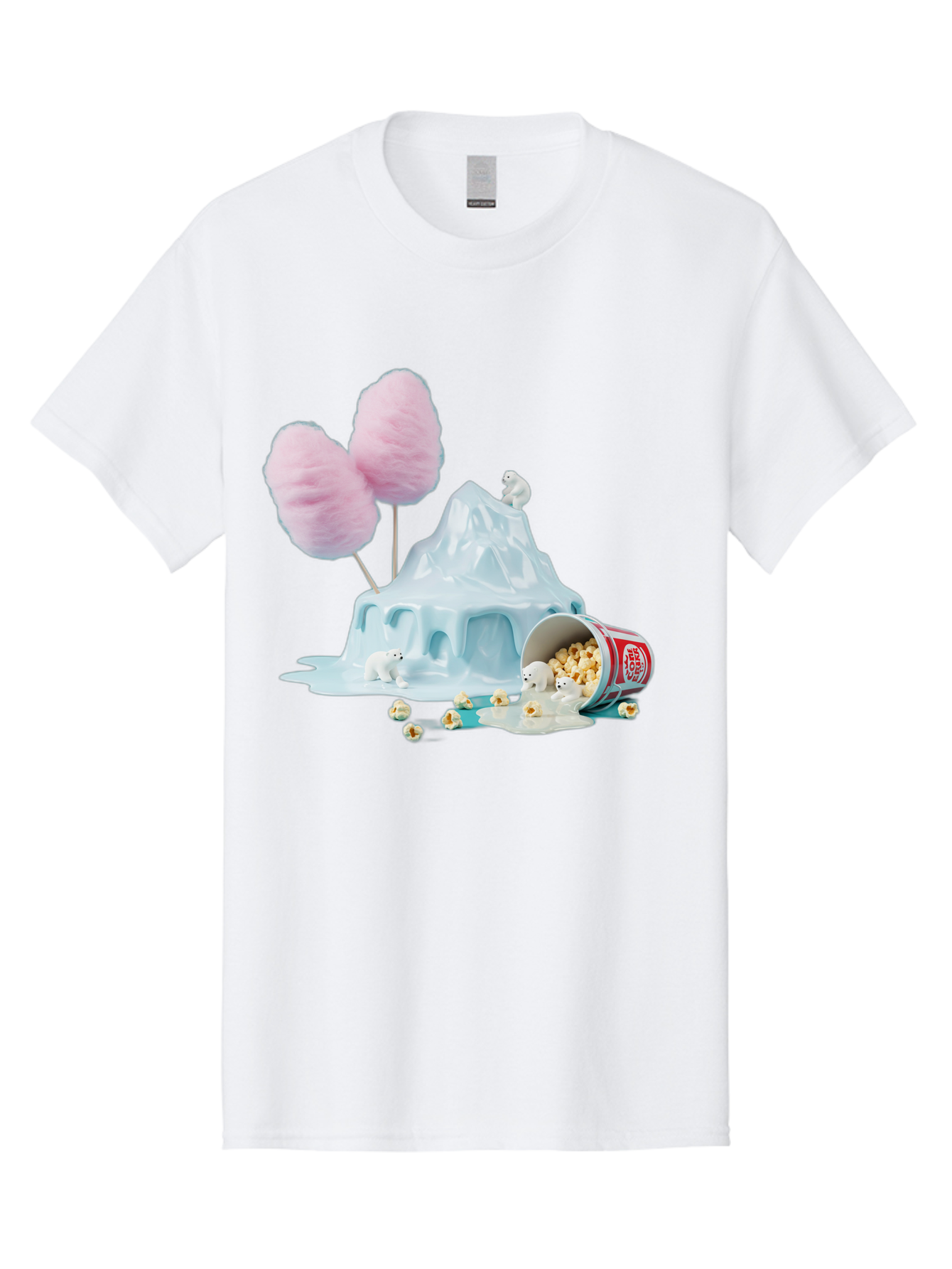 Cotton-Candy-Iceberg Men'S Graphic Tee, 100% Cotton, Comfortable Casual Summer Wear, Machine Washable, Melting Ice, Polar Bears, Popcorn, Cotton Candy, Climate Change, Global Warming, Surreal Scene, Melting Glacier, White Bears Bac921