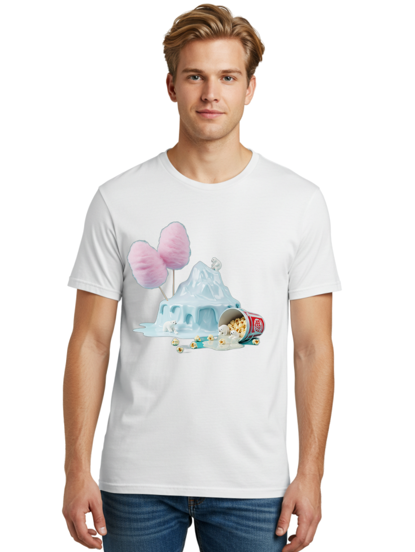 Cotton-Candy-Iceberg Men'S Graphic Tee, 100% Cotton, Comfortable Casual Summer Wear, Machine Washable, Melting Ice, Polar Bears, Popcorn, Cotton Candy, Climate Change, Global Warming, Surreal Scene, Melting Glacier, White Bears Bac921