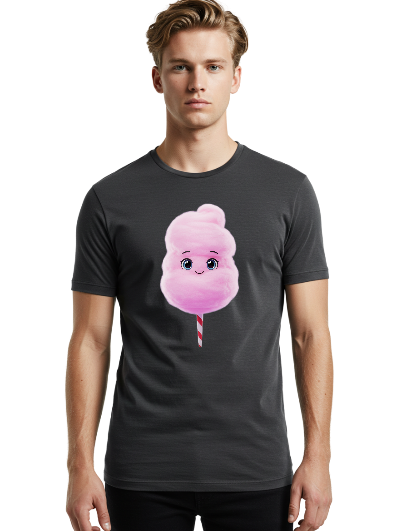 Cotton-Candy Men'S Graphic Tee, 100% Cotton, Comfortable Casual Summer Wear, Machine Washable, Pink Cotton Candy, Cartoon Character, Fluffy Treat, Sweet Snack, Fun Food, Playful Design, Cartoon Style, Fluffy Texture, Cute Face Bac923