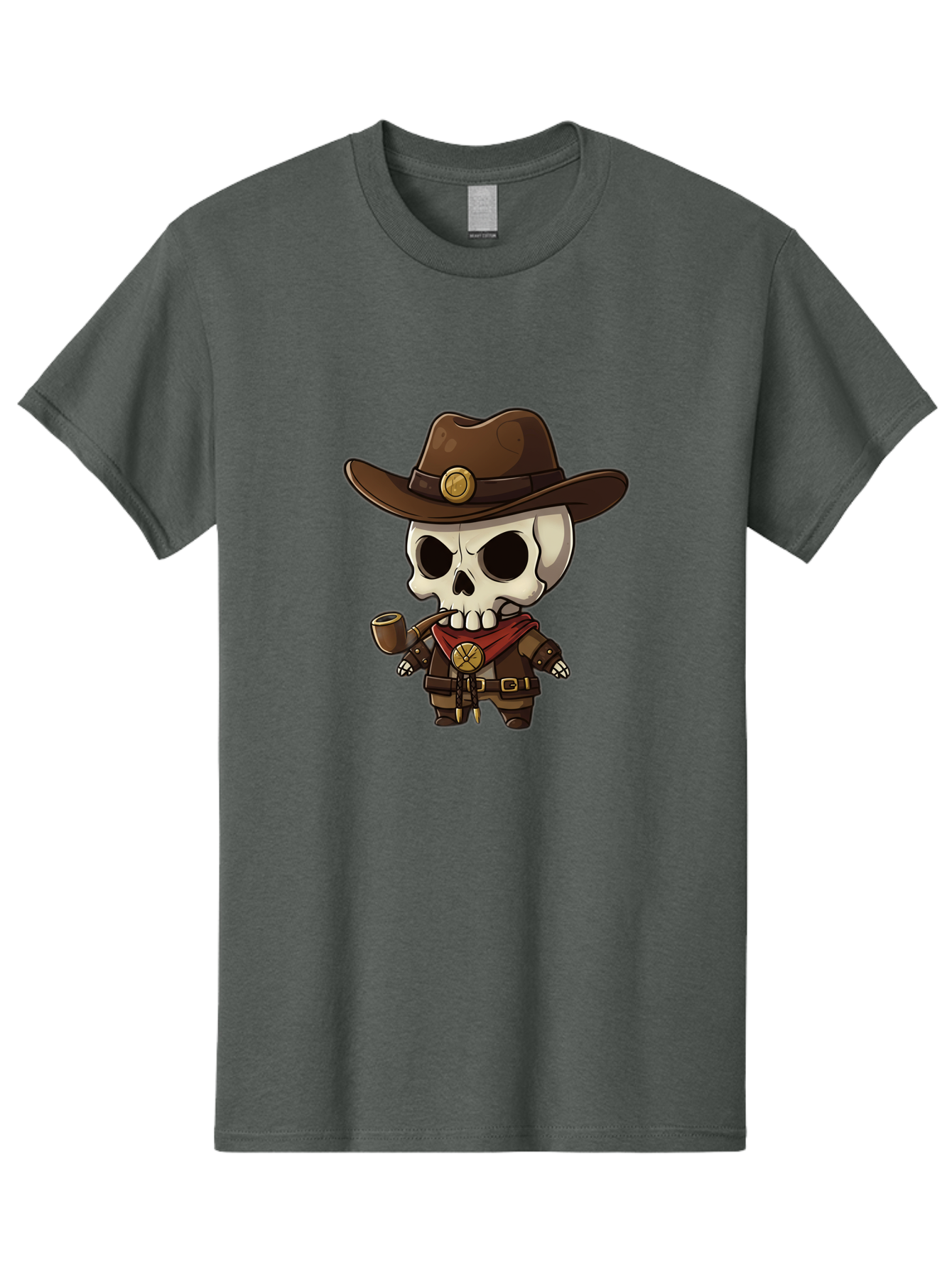 Cowboy-Skeleton Men'S Graphic Tee, 100% Cotton, Comfortable Casual Summer Wear, Machine Washable, Cartoon Skeleton, Cowboy Hat, Smoking Pipe, Western Attire, Red Bandana, Gold Accents, Brown Leather, Spooky Character, Western Theme, Bac924