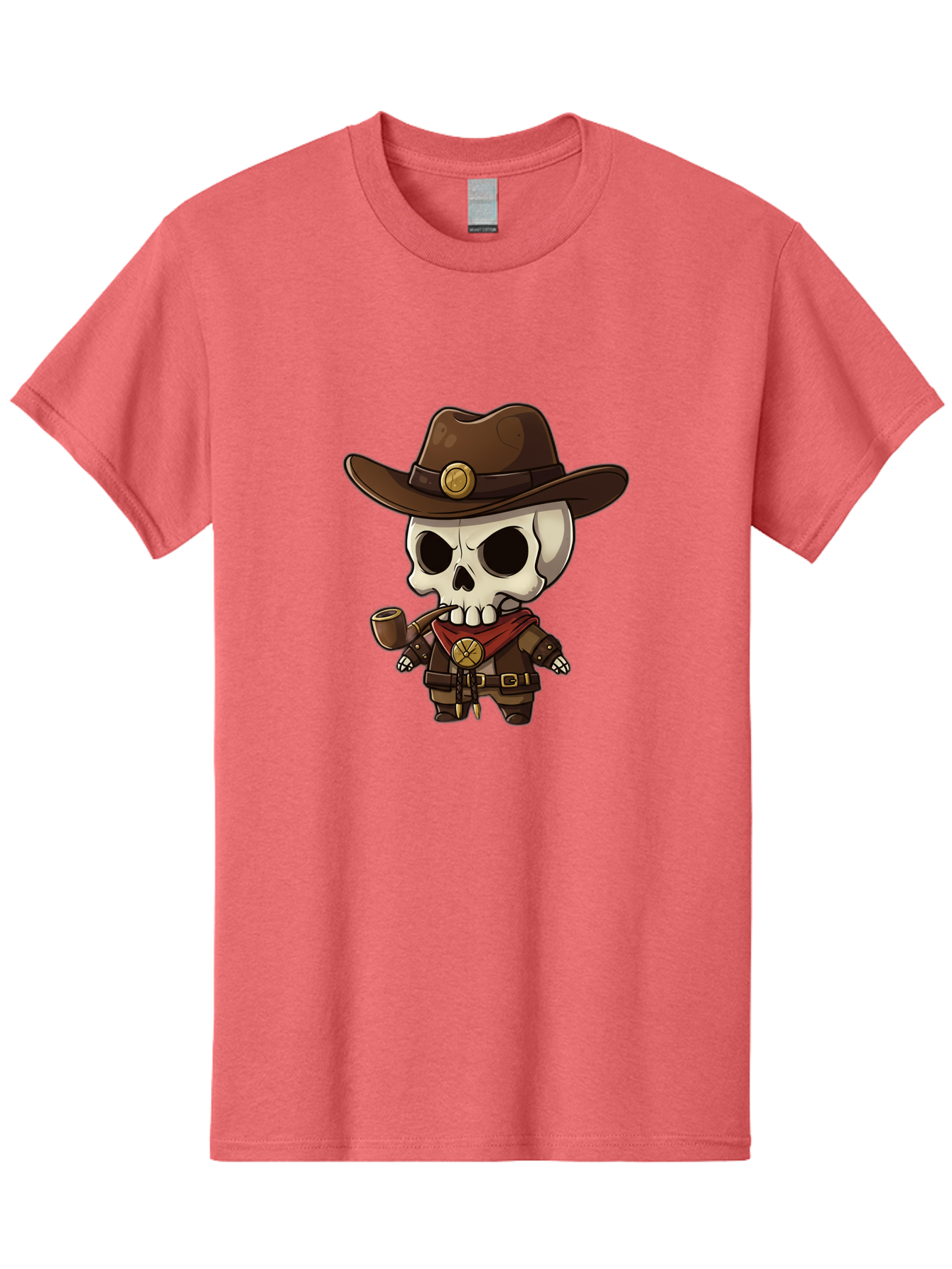 Cowboy-Skeleton Men'S Graphic Tee, 100% Cotton, Comfortable Casual Summer Wear, Machine Washable, Cartoon Skeleton, Cowboy Hat, Smoking Pipe, Western Attire, Red Bandana, Gold Accents, Brown Leather, Spooky Character, Western Theme, Bac924