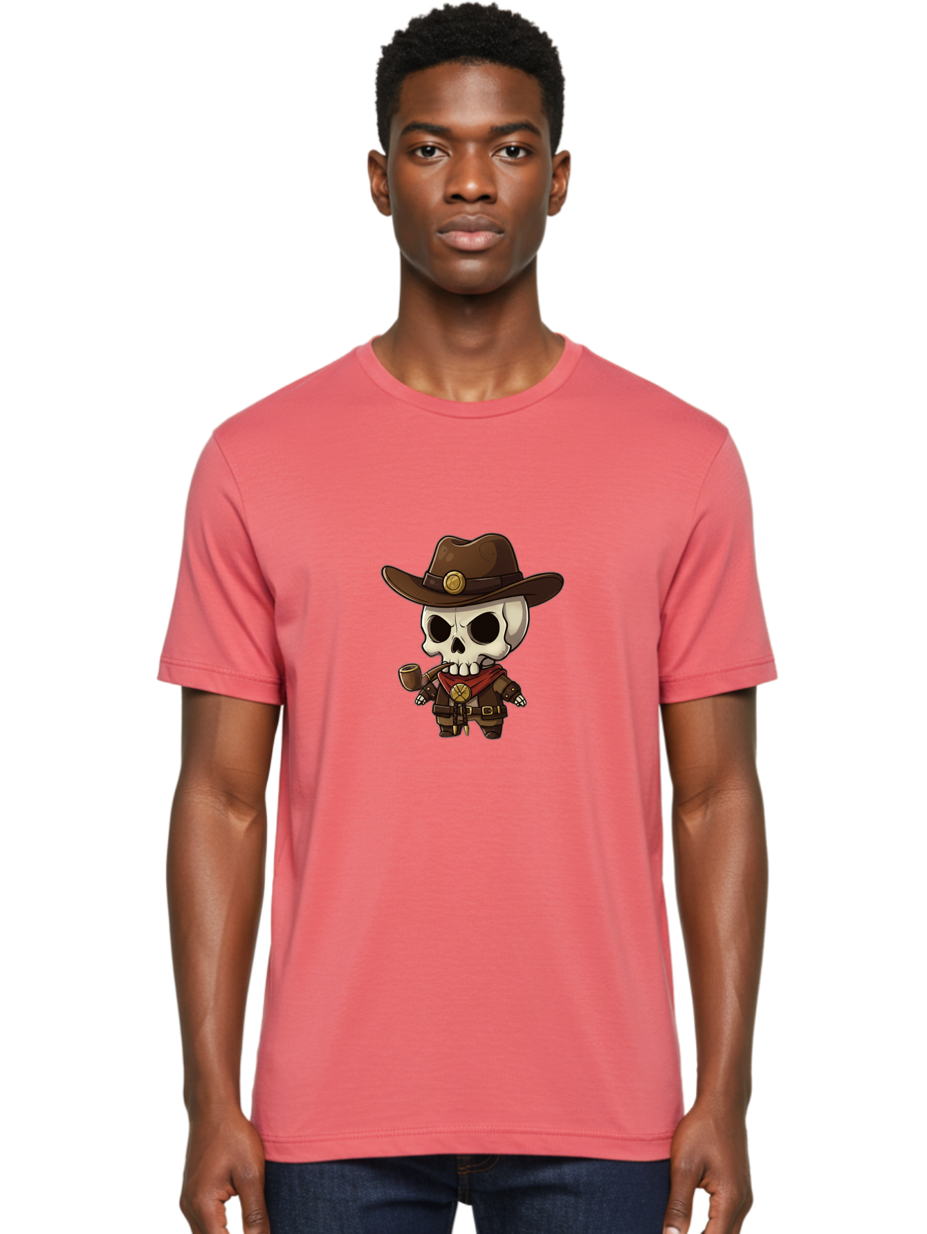 Cowboy-Skeleton Men'S Graphic Tee, 100% Cotton, Comfortable Casual Summer Wear, Machine Washable, Cartoon Skeleton, Cowboy Hat, Smoking Pipe, Western Attire, Red Bandana, Gold Accents, Brown Leather, Spooky Character, Western Theme, Bac924