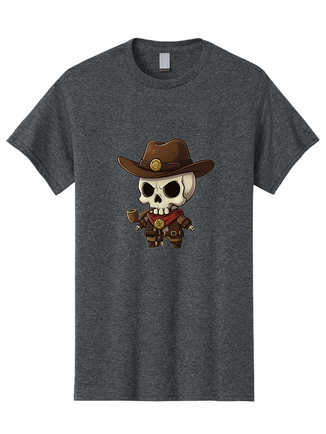Cowboy-Skeleton Men'S Graphic Tee, 100% Cotton, Comfortable Casual Summer Wear, Machine Washable, Cartoon Skeleton, Cowboy Hat, Smoking Pipe, Western Attire, Red Bandana, Gold Accents, Brown Leather, Spooky Character, Western Theme, Bac924