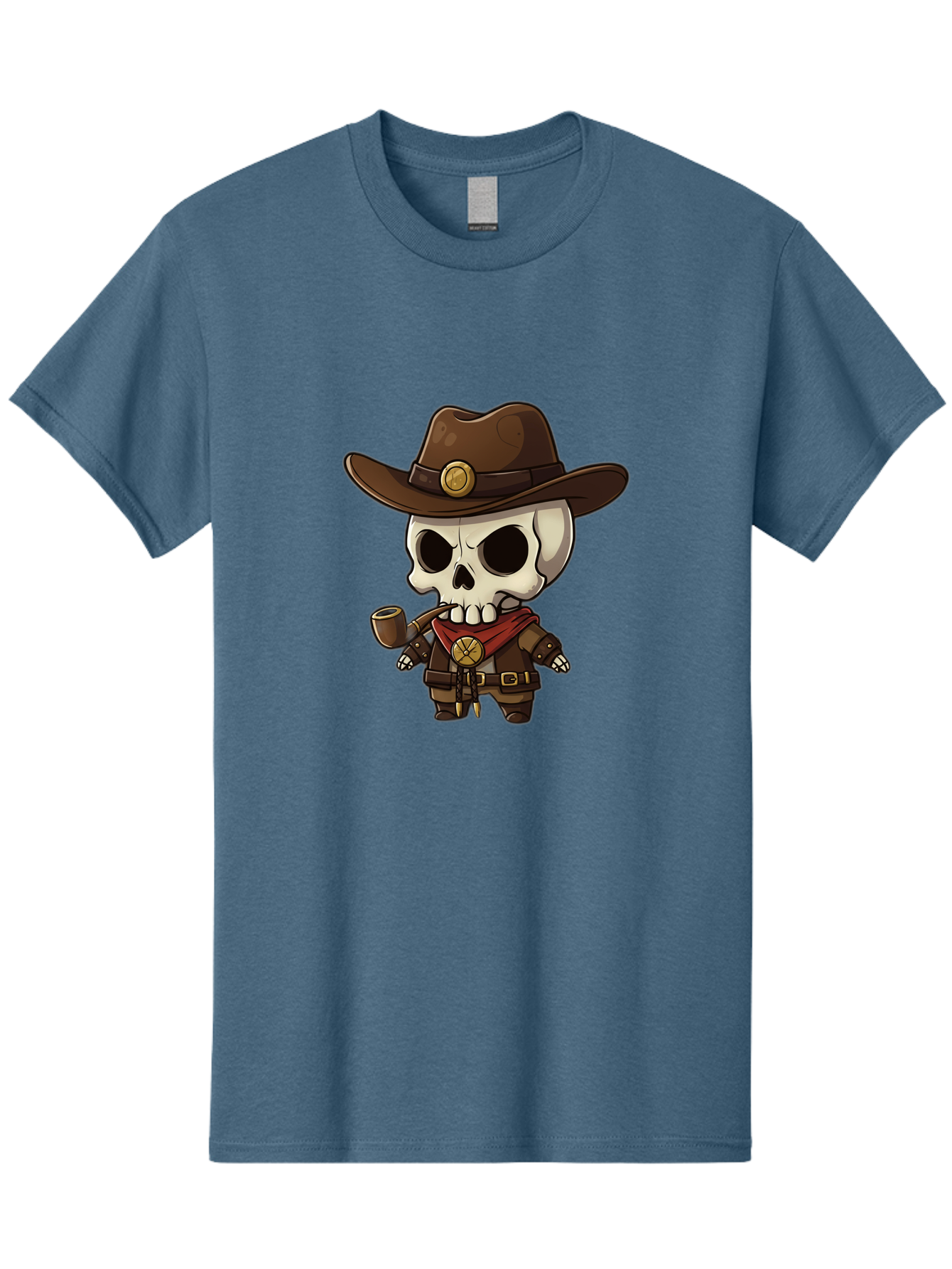 Cowboy-Skeleton Men'S Graphic Tee, 100% Cotton, Comfortable Casual Summer Wear, Machine Washable, Cartoon Skeleton, Cowboy Hat, Smoking Pipe, Western Attire, Red Bandana, Gold Accents, Brown Leather, Spooky Character, Western Theme, Bac924