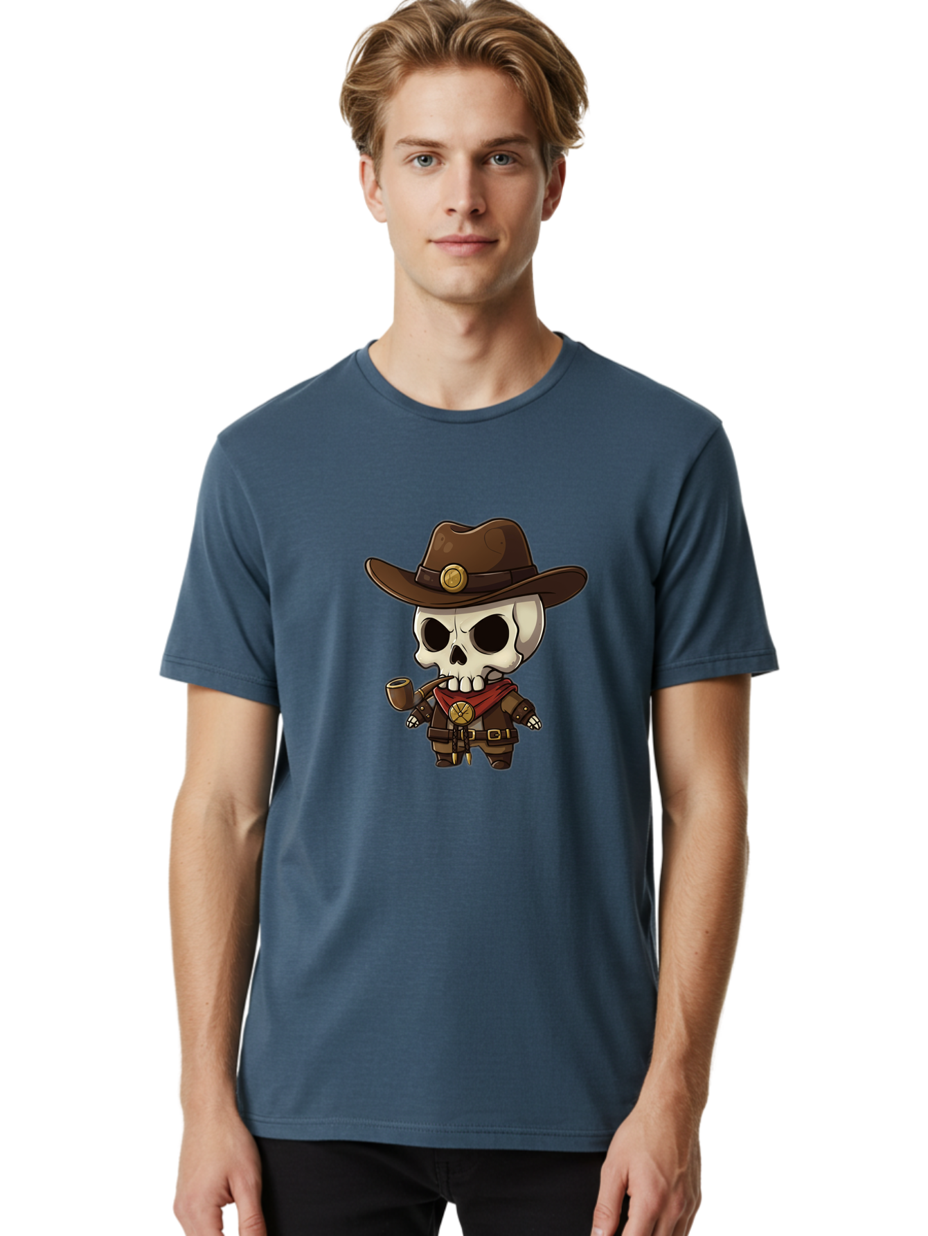 Cowboy-Skeleton Men'S Graphic Tee, 100% Cotton, Comfortable Casual Summer Wear, Machine Washable, Cartoon Skeleton, Cowboy Hat, Smoking Pipe, Western Attire, Red Bandana, Gold Accents, Brown Leather, Spooky Character, Western Theme, Bac924