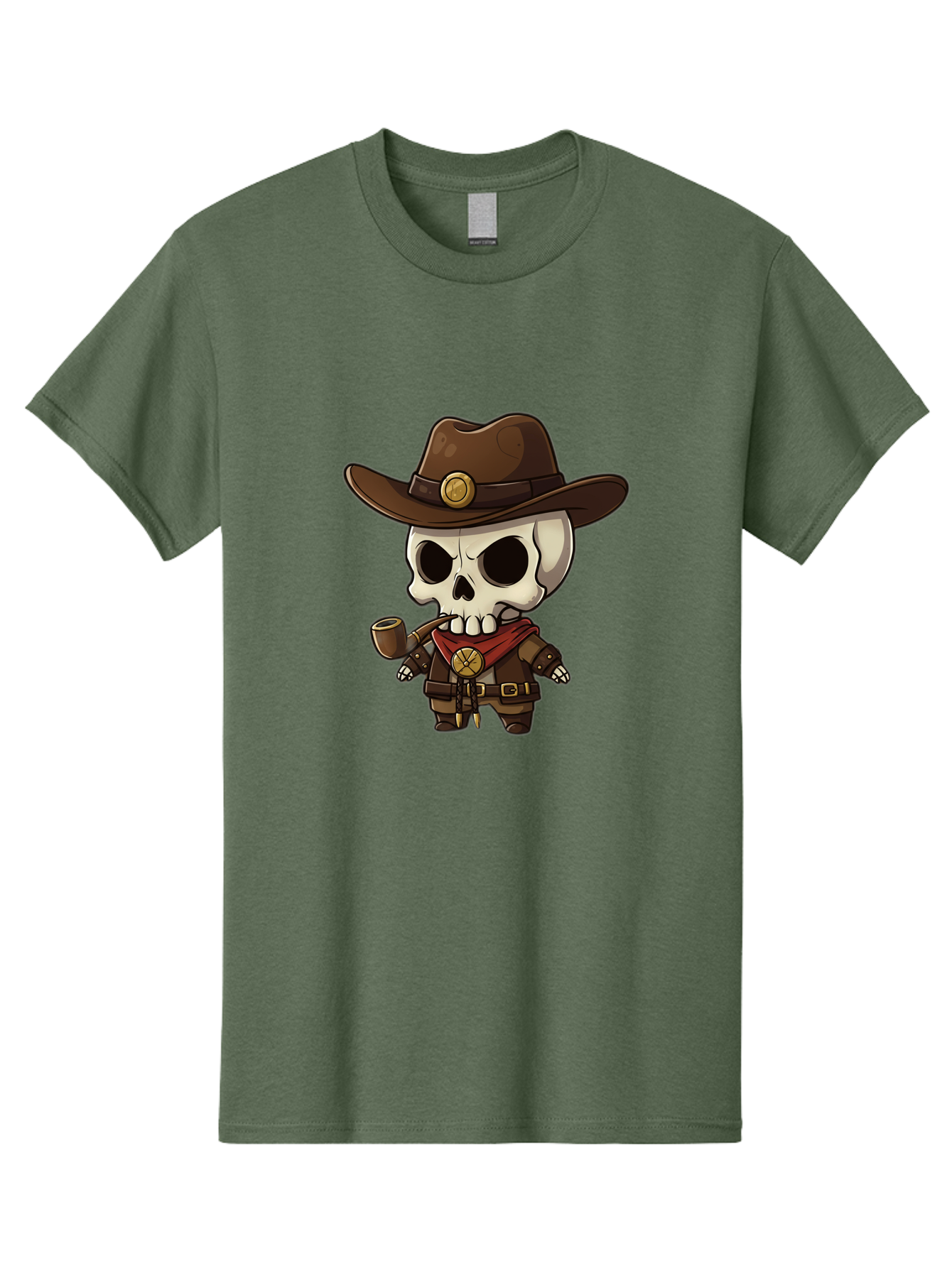 Cowboy-Skeleton Men'S Graphic Tee, 100% Cotton, Comfortable Casual Summer Wear, Machine Washable, Cartoon Skeleton, Cowboy Hat, Smoking Pipe, Western Attire, Red Bandana, Gold Accents, Brown Leather, Spooky Character, Western Theme, Bac924