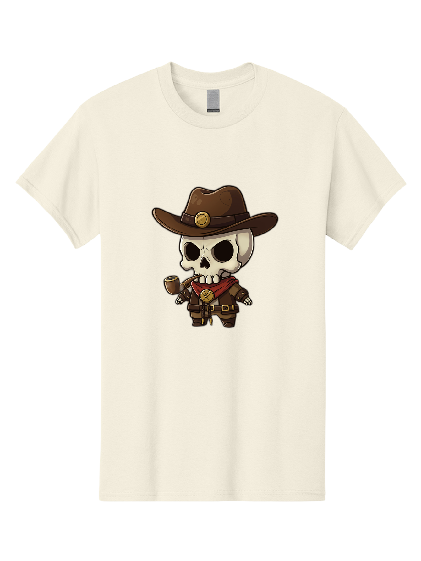 Cowboy-Skeleton Men'S Graphic Tee, 100% Cotton, Comfortable Casual Summer Wear, Machine Washable, Cartoon Skeleton, Cowboy Hat, Smoking Pipe, Western Attire, Red Bandana, Gold Accents, Brown Leather, Spooky Character, Western Theme, Bac924