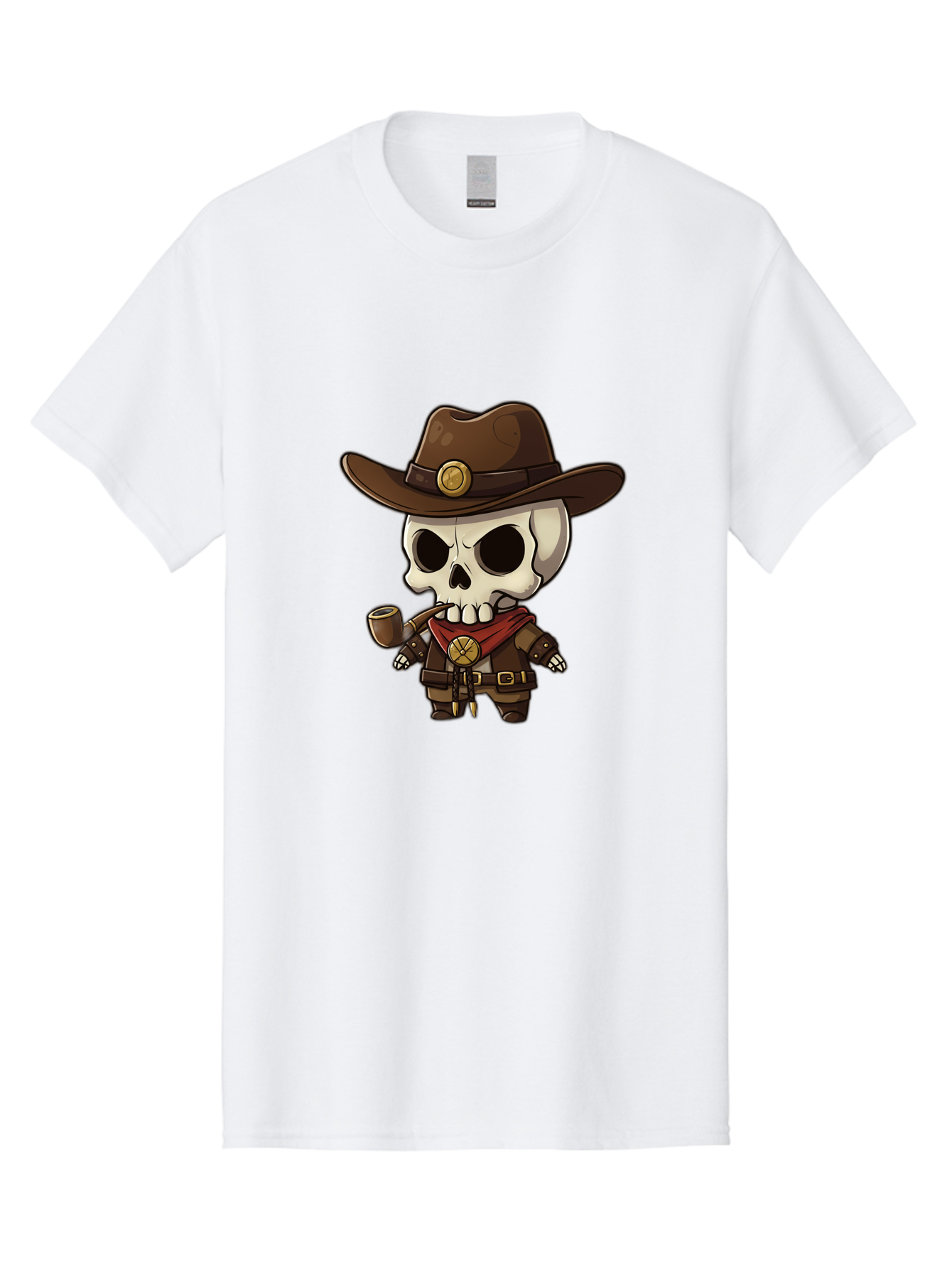 Cowboy-Skeleton Men'S Graphic Tee, 100% Cotton, Comfortable Casual Summer Wear, Machine Washable, Cartoon Skeleton, Cowboy Hat, Smoking Pipe, Western Attire, Red Bandana, Gold Accents, Brown Leather, Spooky Character, Western Theme, Bac924