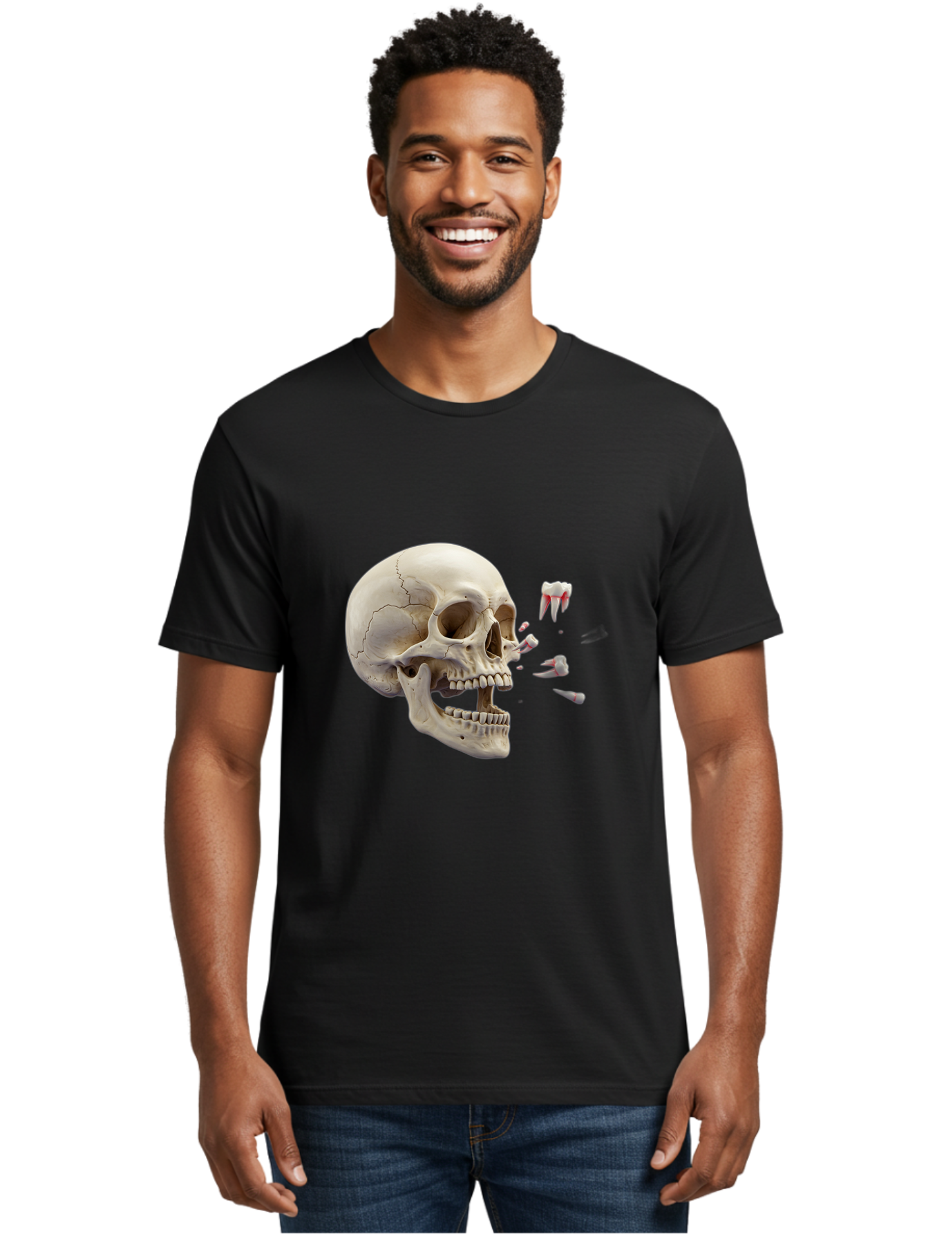 Cracked-Skull-1 Men'S Graphic Tee, 100% Cotton, Comfortable Casual Summer Wear, Machine Washable, Human Skull, Broken Jaw, Shattered Teeth, Dental Anatomy, Forensic Science, Medical Illustration, Skeleton Head, Jawbone Fracture, Bac926