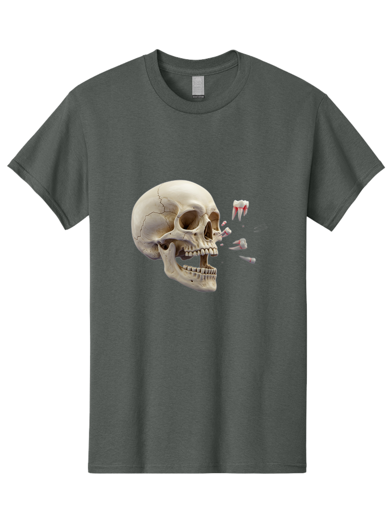 Cracked-Skull-1 Men'S Graphic Tee, 100% Cotton, Comfortable Casual Summer Wear, Machine Washable, Human Skull, Broken Jaw, Shattered Teeth, Dental Anatomy, Forensic Science, Medical Illustration, Skeleton Head, Jawbone Fracture, Bac926