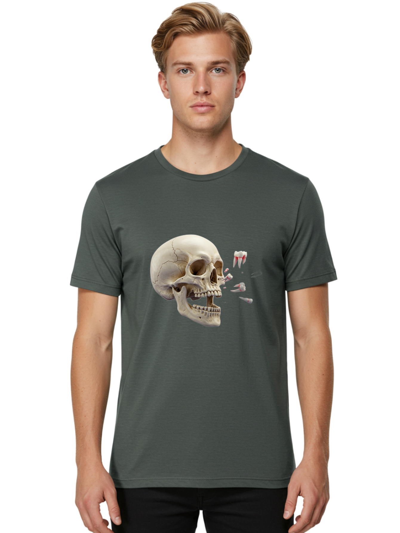 Cracked-Skull-1 Men'S Graphic Tee, 100% Cotton, Comfortable Casual Summer Wear, Machine Washable, Human Skull, Broken Jaw, Shattered Teeth, Dental Anatomy, Forensic Science, Medical Illustration, Skeleton Head, Jawbone Fracture, Bac926