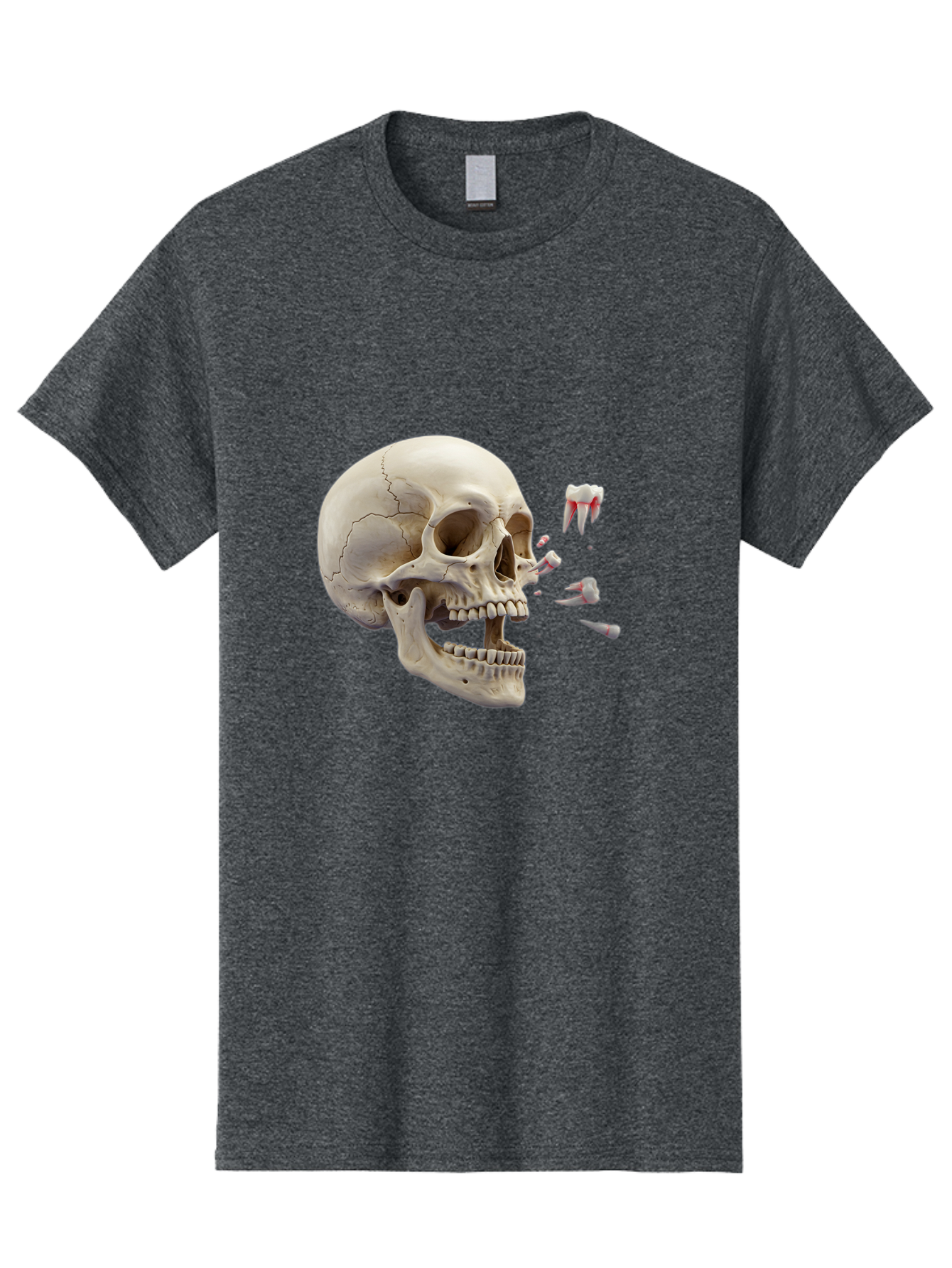 Cracked-Skull-1 Men'S Graphic Tee, 100% Cotton, Comfortable Casual Summer Wear, Machine Washable, Human Skull, Broken Jaw, Shattered Teeth, Dental Anatomy, Forensic Science, Medical Illustration, Skeleton Head, Jawbone Fracture, Bac926