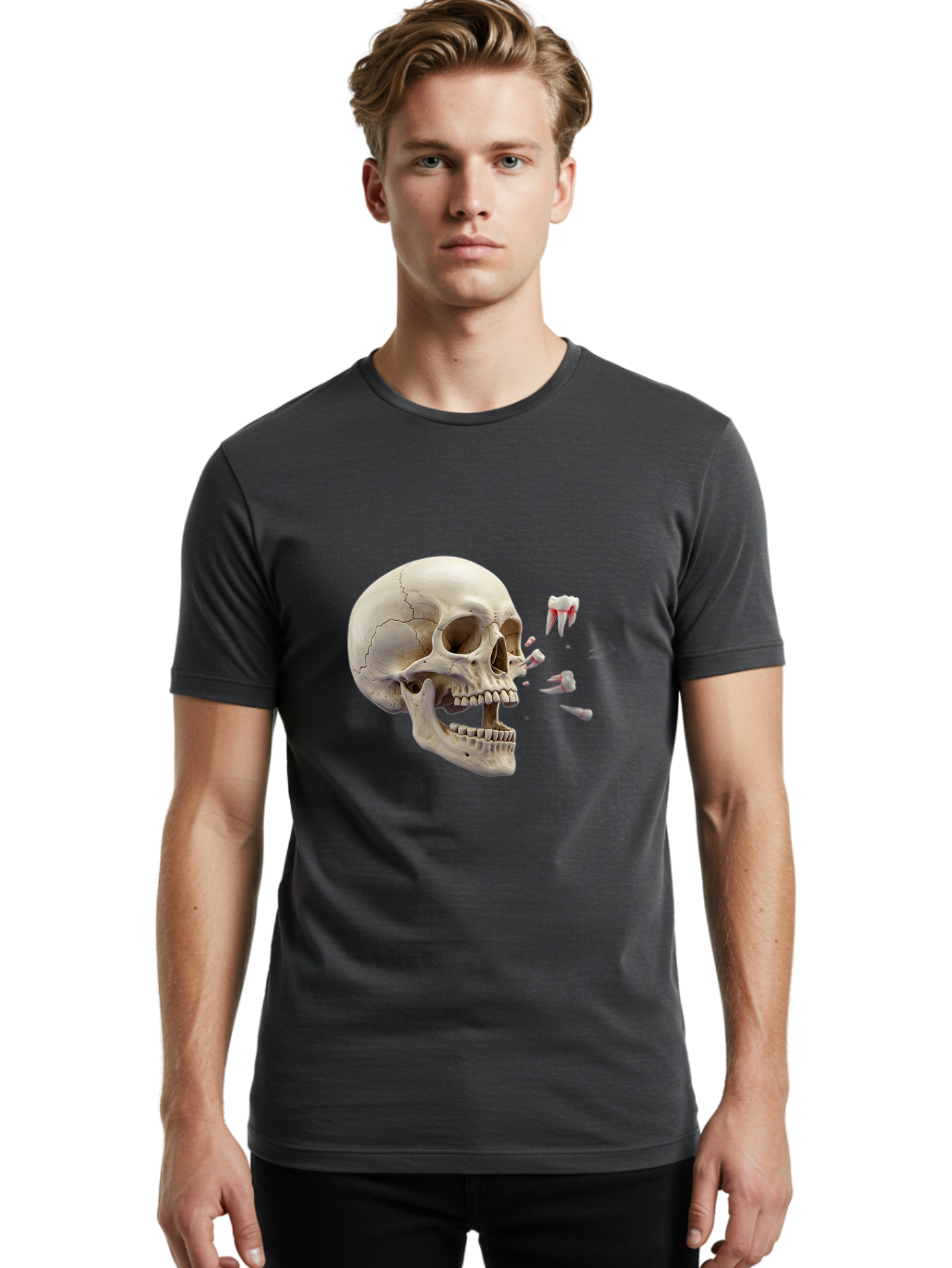 Cracked-Skull-1 Men'S Graphic Tee, 100% Cotton, Comfortable Casual Summer Wear, Machine Washable, Human Skull, Broken Jaw, Shattered Teeth, Dental Anatomy, Forensic Science, Medical Illustration, Skeleton Head, Jawbone Fracture, Bac926