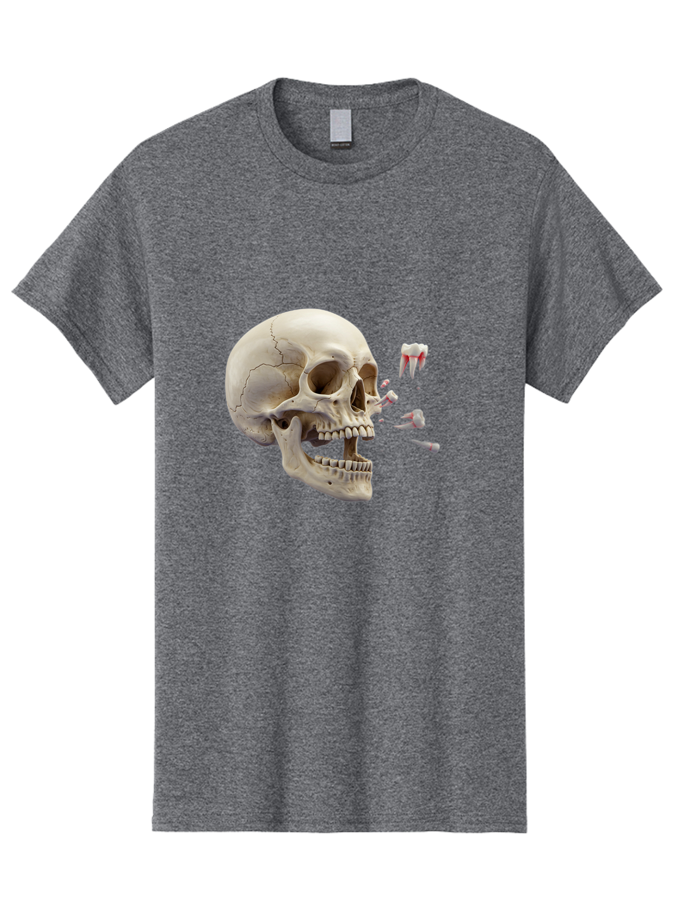 Cracked-Skull-1 Men'S Graphic Tee, 100% Cotton, Comfortable Casual Summer Wear, Machine Washable, Human Skull, Broken Jaw, Shattered Teeth, Dental Anatomy, Forensic Science, Medical Illustration, Skeleton Head, Jawbone Fracture, Bac926