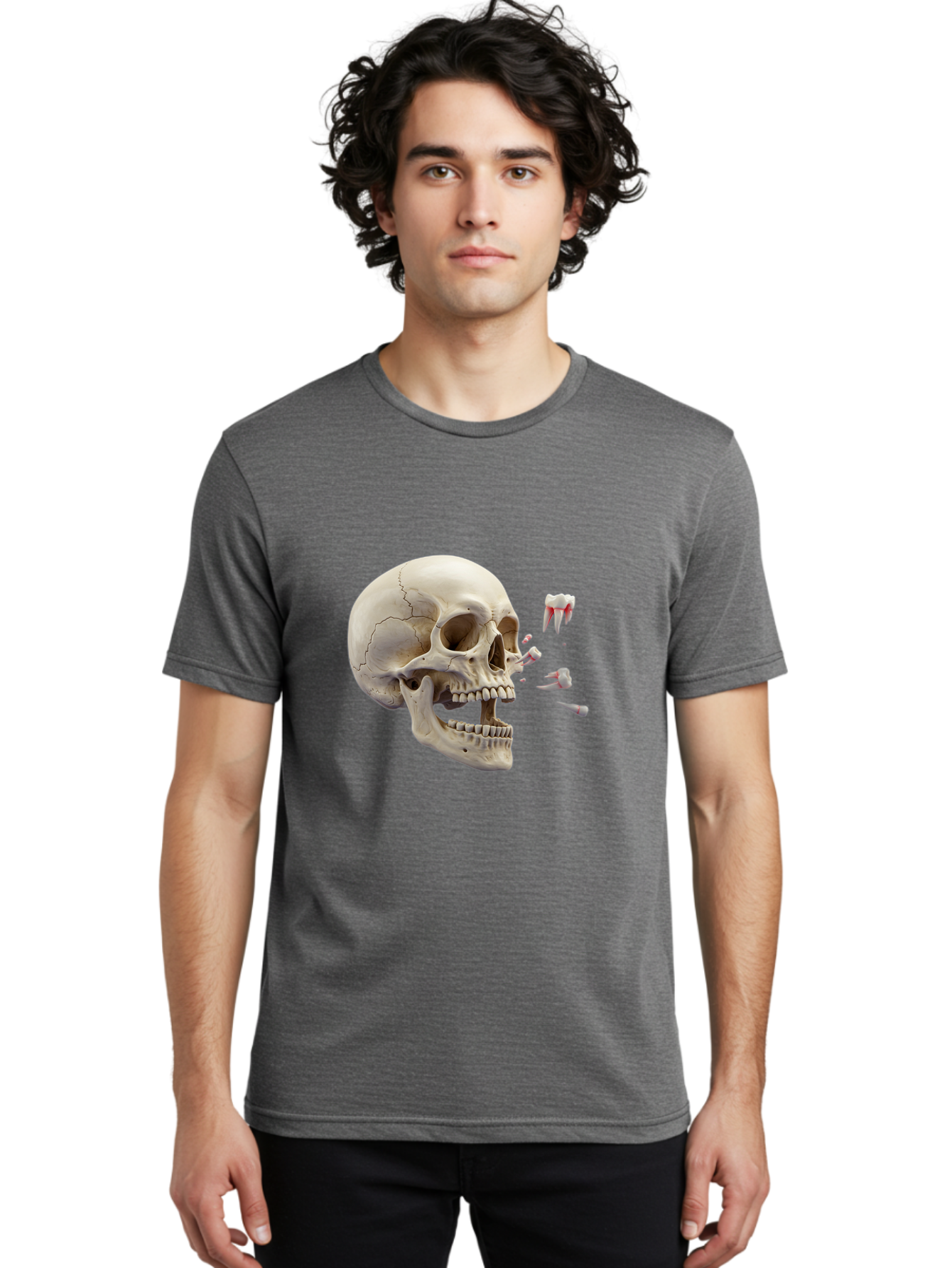 Cracked-Skull-1 Men'S Graphic Tee, 100% Cotton, Comfortable Casual Summer Wear, Machine Washable, Human Skull, Broken Jaw, Shattered Teeth, Dental Anatomy, Forensic Science, Medical Illustration, Skeleton Head, Jawbone Fracture, Bac926