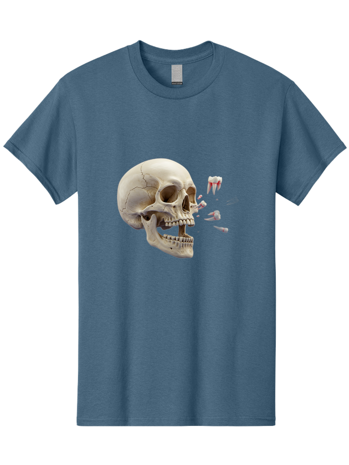 Cracked-Skull-1 Men'S Graphic Tee, 100% Cotton, Comfortable Casual Summer Wear, Machine Washable, Human Skull, Broken Jaw, Shattered Teeth, Dental Anatomy, Forensic Science, Medical Illustration, Skeleton Head, Jawbone Fracture, Bac926