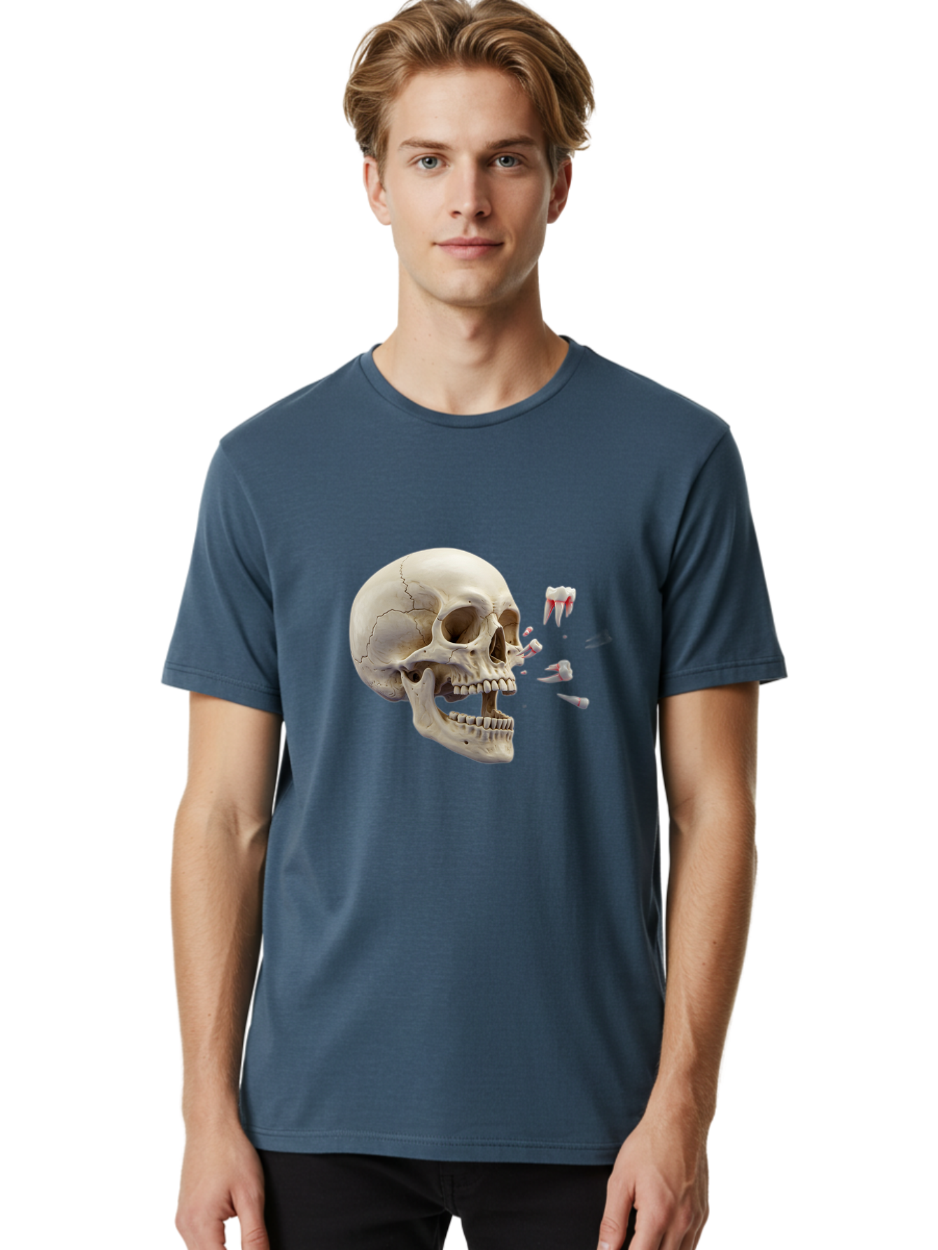 Cracked-Skull-1 Men'S Graphic Tee, 100% Cotton, Comfortable Casual Summer Wear, Machine Washable, Human Skull, Broken Jaw, Shattered Teeth, Dental Anatomy, Forensic Science, Medical Illustration, Skeleton Head, Jawbone Fracture, Bac926
