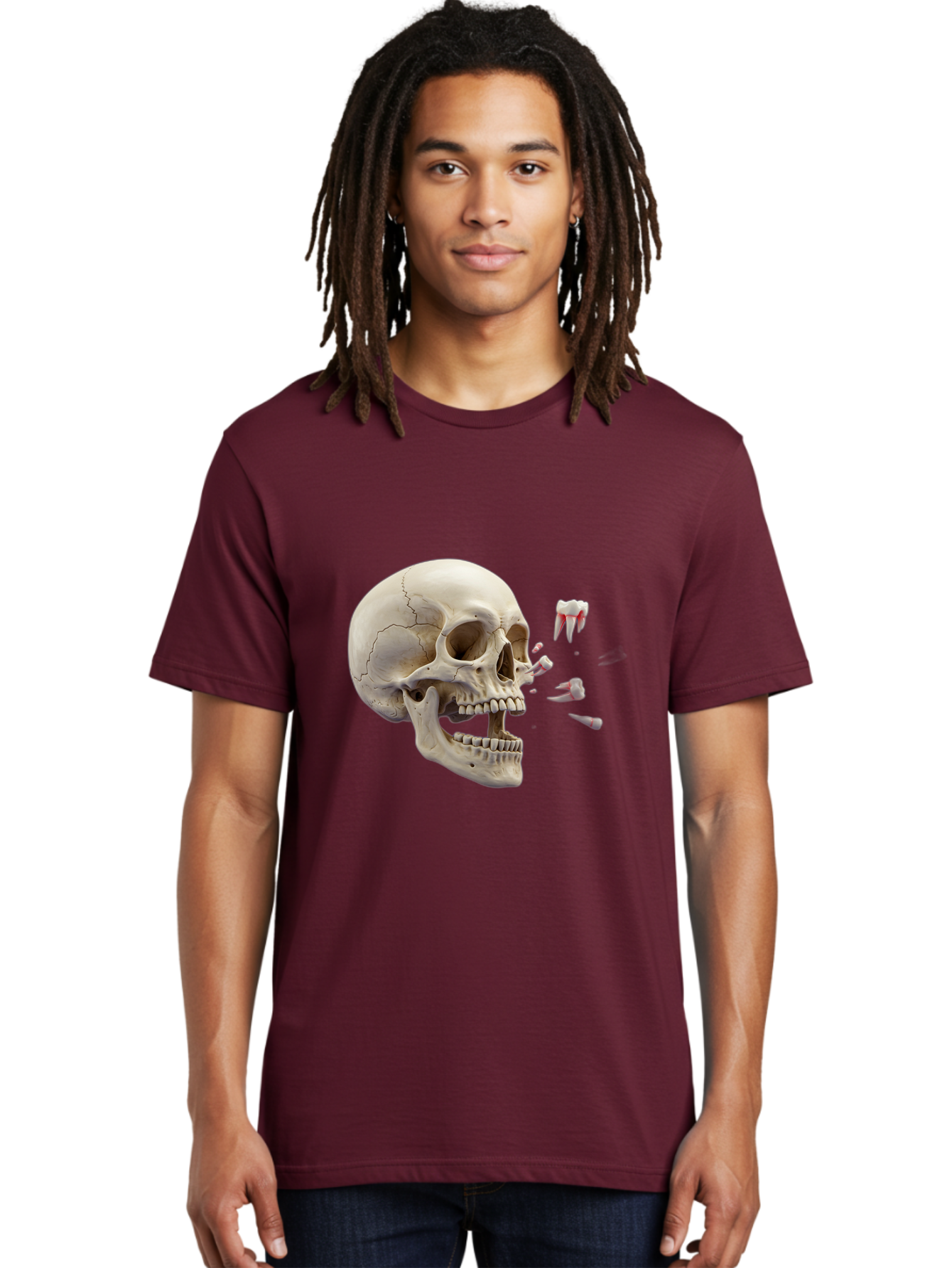 Cracked-Skull-1 Men'S Graphic Tee, 100% Cotton, Comfortable Casual Summer Wear, Machine Washable, Human Skull, Broken Jaw, Shattered Teeth, Dental Anatomy, Forensic Science, Medical Illustration, Skeleton Head, Jawbone Fracture, Bac926