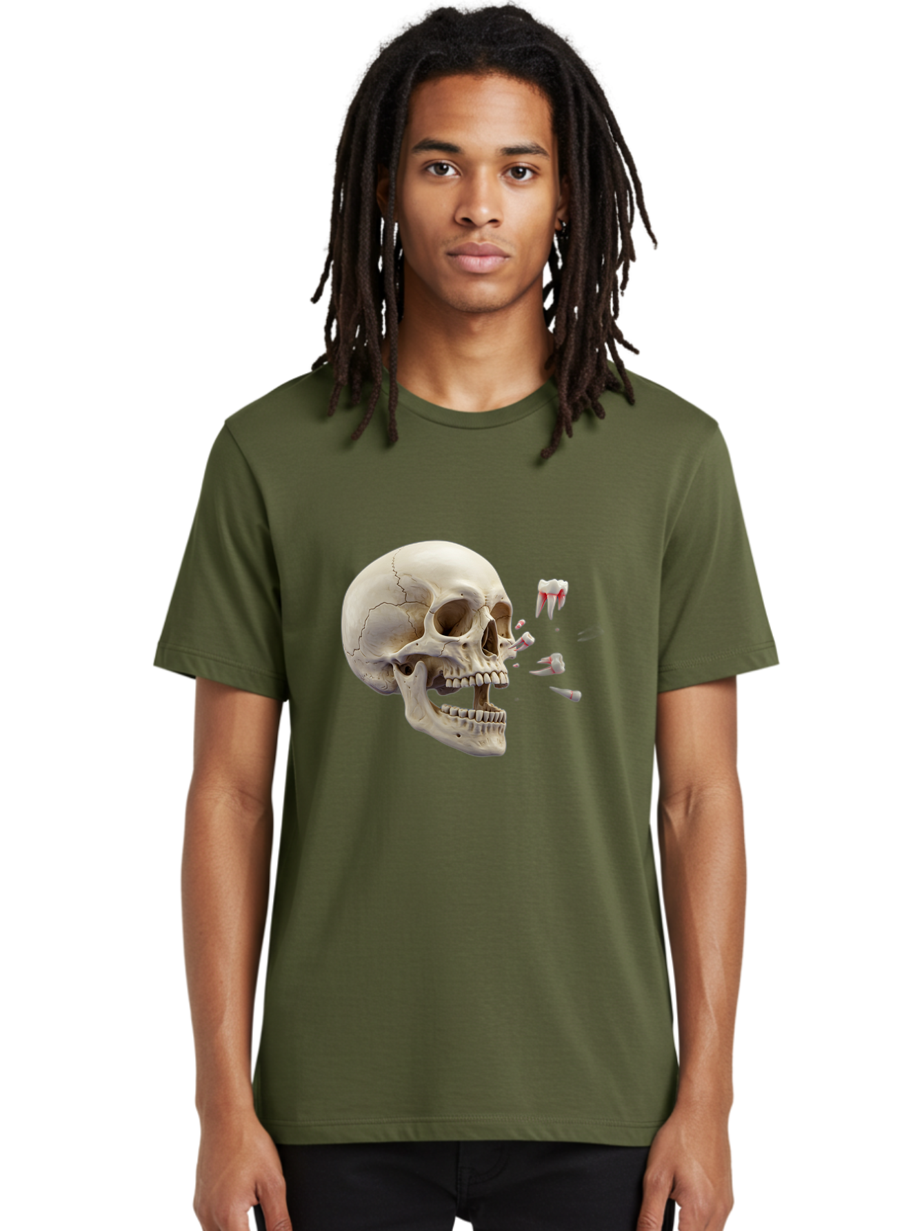 Cracked-Skull-1 Men'S Graphic Tee, 100% Cotton, Comfortable Casual Summer Wear, Machine Washable, Human Skull, Broken Jaw, Shattered Teeth, Dental Anatomy, Forensic Science, Medical Illustration, Skeleton Head, Jawbone Fracture, Bac926