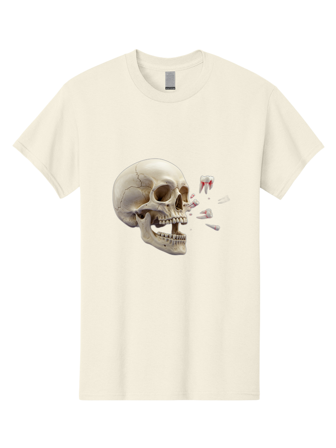 Cracked-Skull-1 Men'S Graphic Tee, 100% Cotton, Comfortable Casual Summer Wear, Machine Washable, Human Skull, Broken Jaw, Shattered Teeth, Dental Anatomy, Forensic Science, Medical Illustration, Skeleton Head, Jawbone Fracture, Bac926