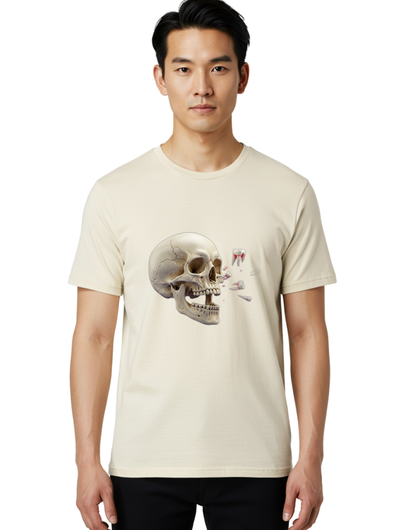 Cracked-Skull-1 Men'S Graphic Tee, 100% Cotton, Comfortable Casual Summer Wear, Machine Washable, Human Skull, Broken Jaw, Shattered Teeth, Dental Anatomy, Forensic Science, Medical Illustration, Skeleton Head, Jawbone Fracture, Bac926