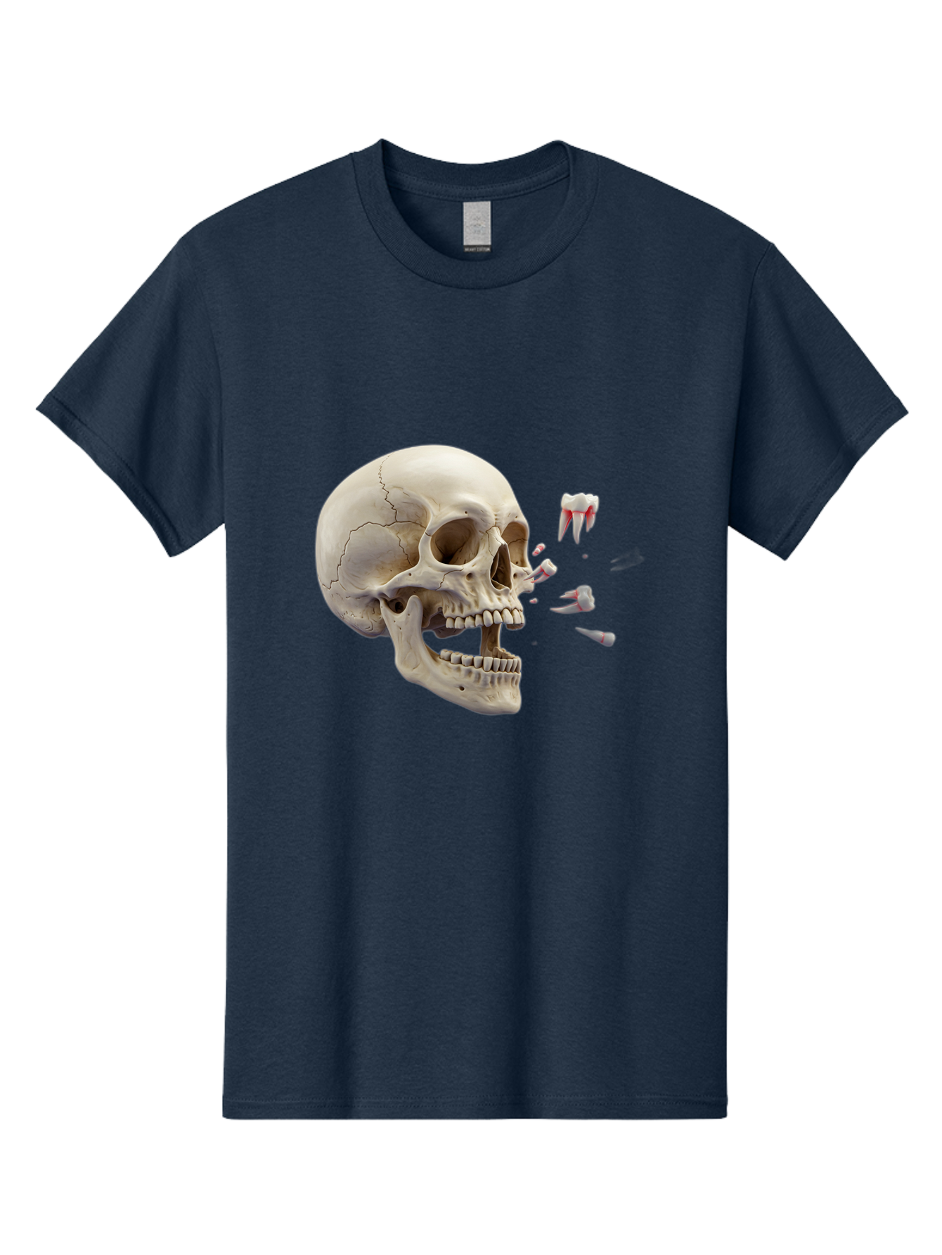 Cracked-Skull-1 Men'S Graphic Tee, 100% Cotton, Comfortable Casual Summer Wear, Machine Washable, Human Skull, Broken Jaw, Shattered Teeth, Dental Anatomy, Forensic Science, Medical Illustration, Skeleton Head, Jawbone Fracture, Bac926