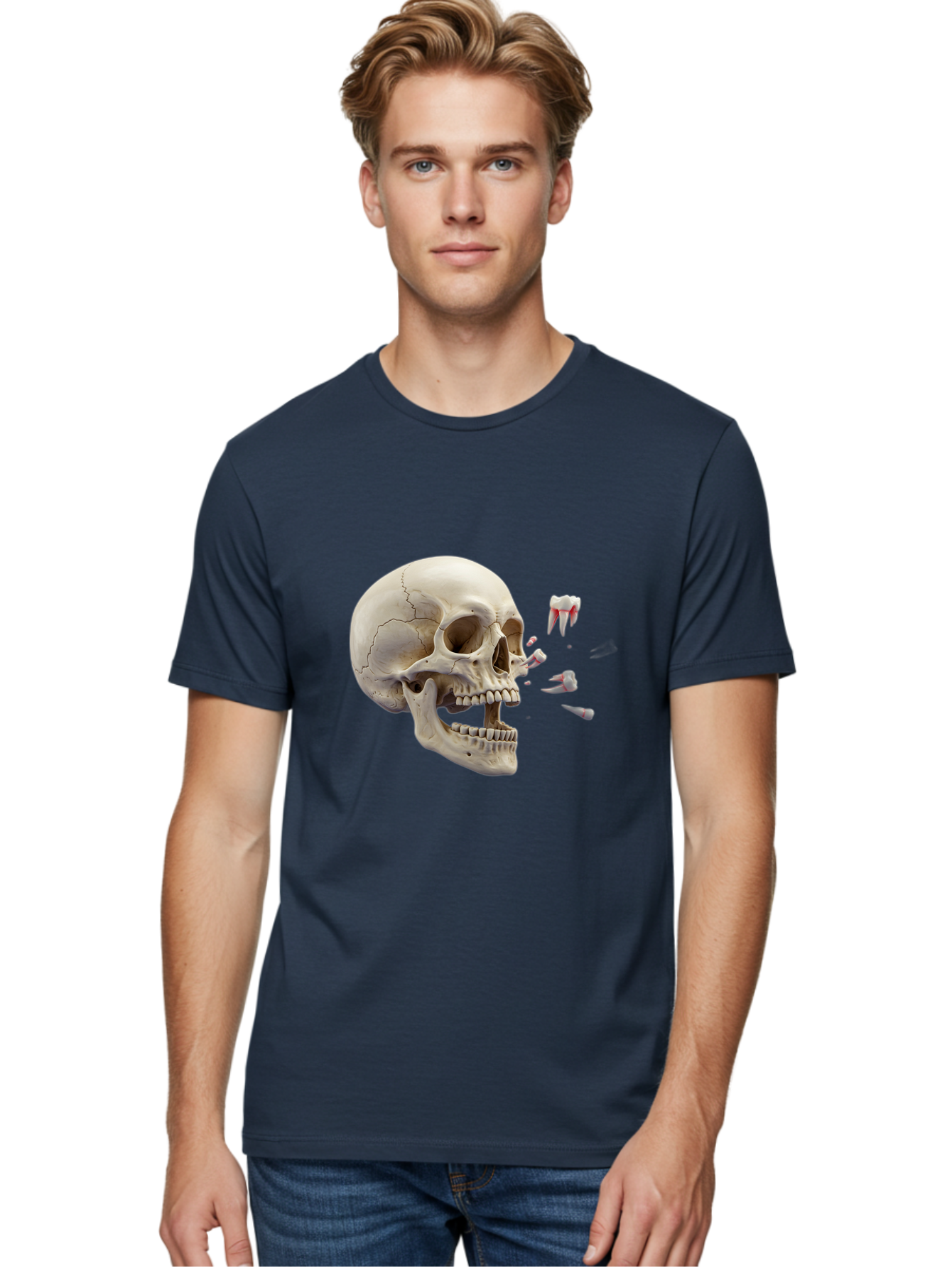 Cracked-Skull-1 Men'S Graphic Tee, 100% Cotton, Comfortable Casual Summer Wear, Machine Washable, Human Skull, Broken Jaw, Shattered Teeth, Dental Anatomy, Forensic Science, Medical Illustration, Skeleton Head, Jawbone Fracture, Bac926
