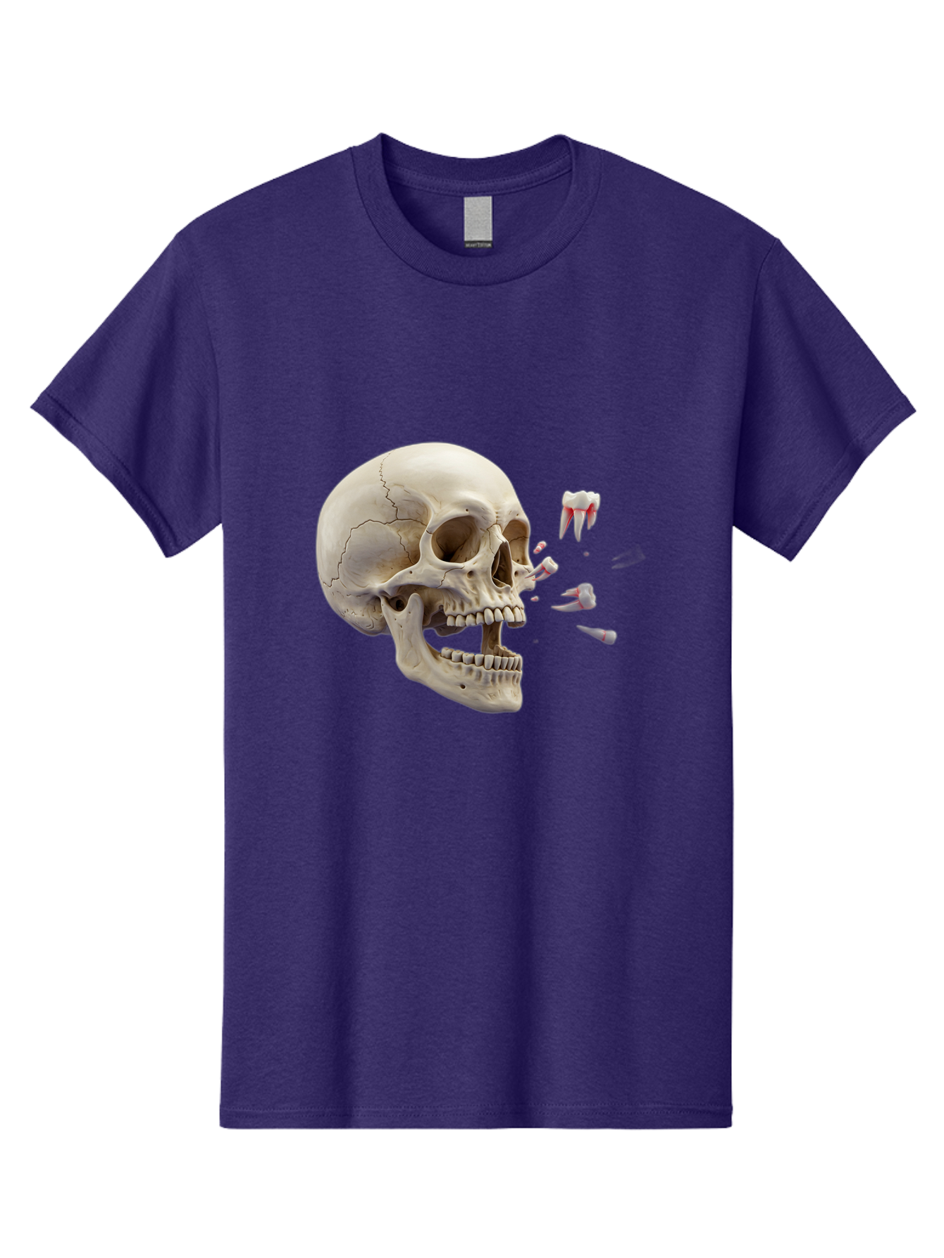 Cracked-Skull-1 Men'S Graphic Tee, 100% Cotton, Comfortable Casual Summer Wear, Machine Washable, Human Skull, Broken Jaw, Shattered Teeth, Dental Anatomy, Forensic Science, Medical Illustration, Skeleton Head, Jawbone Fracture, Bac926