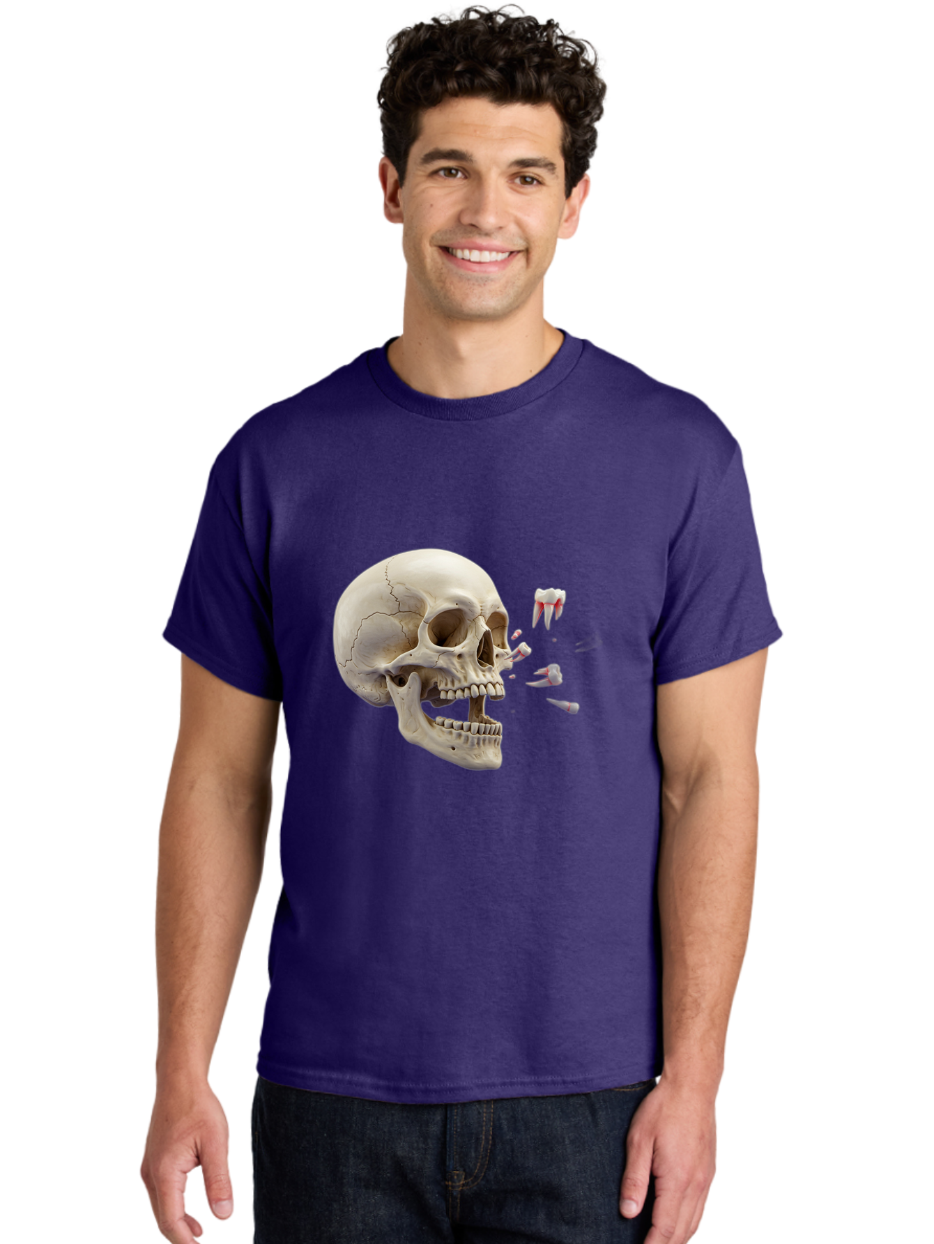 Cracked-Skull-1 Men'S Graphic Tee, 100% Cotton, Comfortable Casual Summer Wear, Machine Washable, Human Skull, Broken Jaw, Shattered Teeth, Dental Anatomy, Forensic Science, Medical Illustration, Skeleton Head, Jawbone Fracture, Bac926