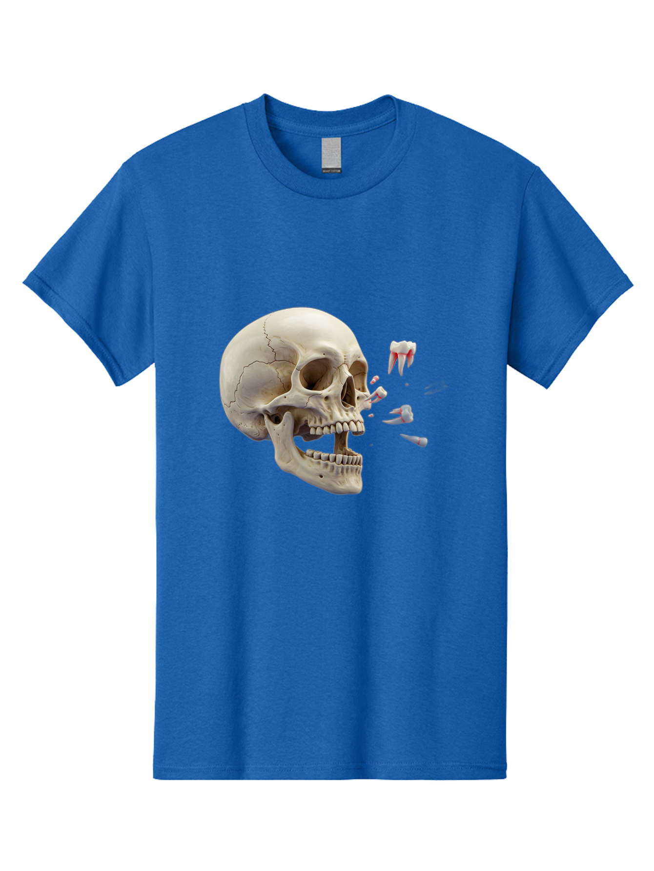 Cracked-Skull-1 Men'S Graphic Tee, 100% Cotton, Comfortable Casual Summer Wear, Machine Washable, Human Skull, Broken Jaw, Shattered Teeth, Dental Anatomy, Forensic Science, Medical Illustration, Skeleton Head, Jawbone Fracture, Bac926