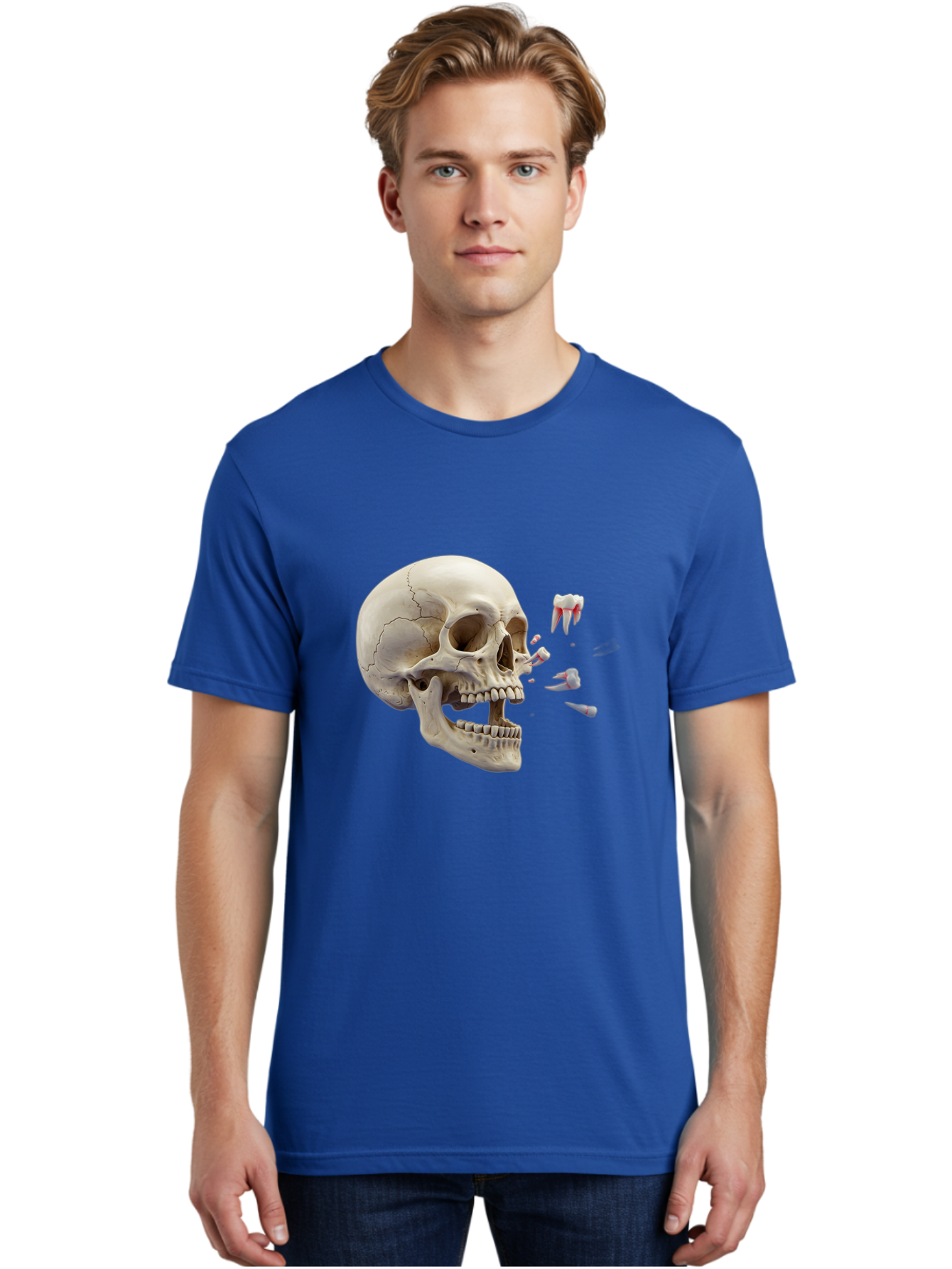 Cracked-Skull-1 Men'S Graphic Tee, 100% Cotton, Comfortable Casual Summer Wear, Machine Washable, Human Skull, Broken Jaw, Shattered Teeth, Dental Anatomy, Forensic Science, Medical Illustration, Skeleton Head, Jawbone Fracture, Bac926