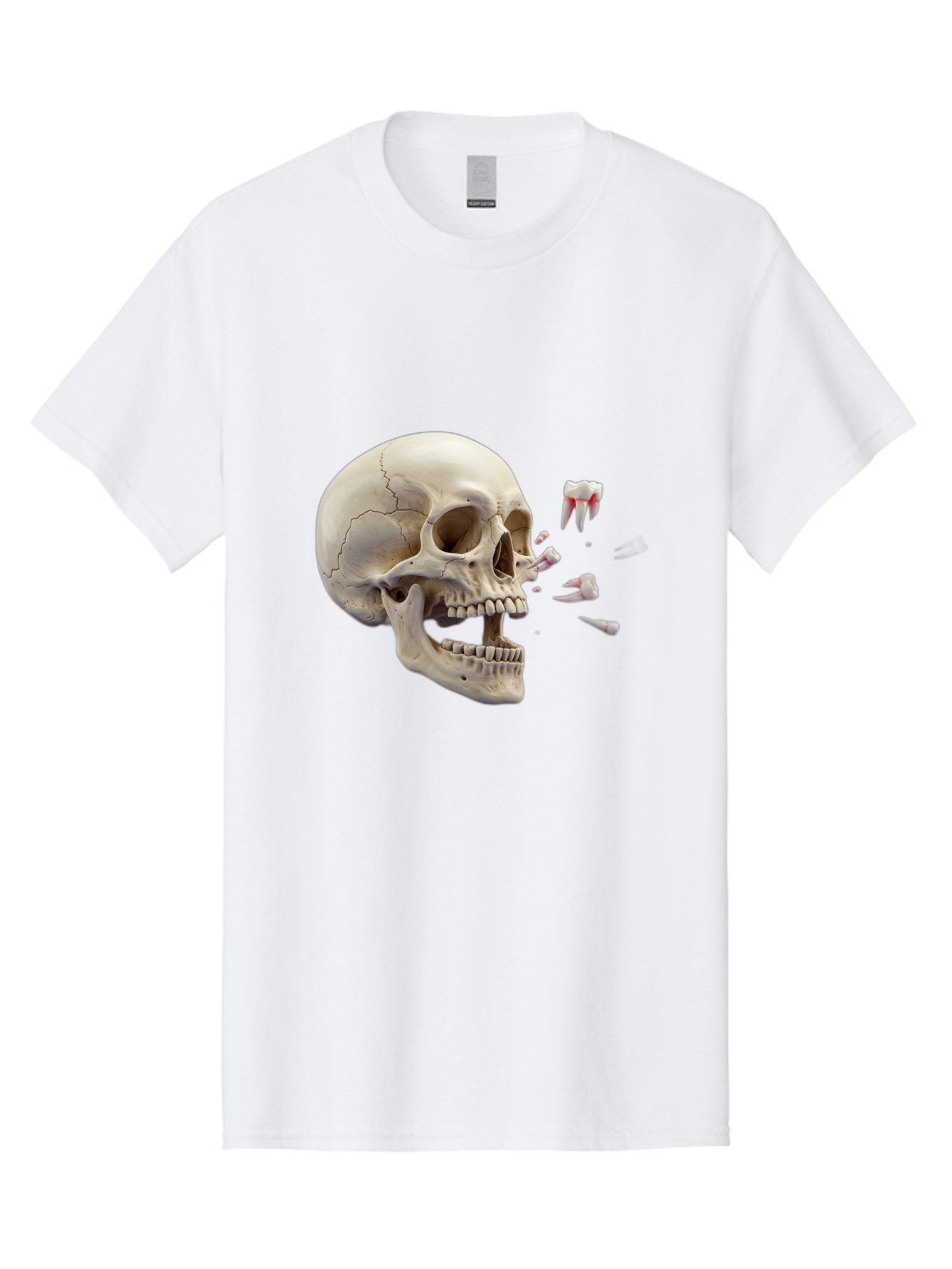Cracked-Skull-1 Men'S Graphic Tee, 100% Cotton, Comfortable Casual Summer Wear, Machine Washable, Human Skull, Broken Jaw, Shattered Teeth, Dental Anatomy, Forensic Science, Medical Illustration, Skeleton Head, Jawbone Fracture, Bac926