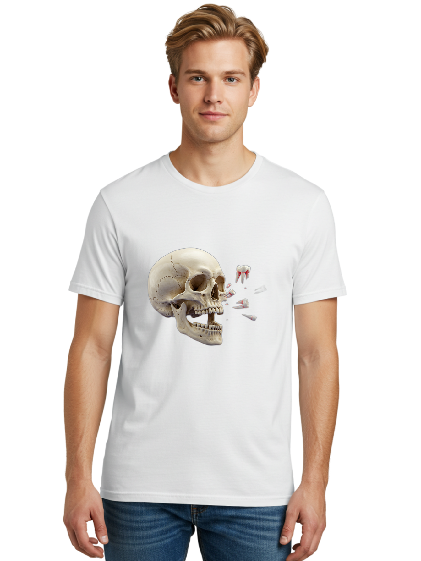 Cracked-Skull-1 Men'S Graphic Tee, 100% Cotton, Comfortable Casual Summer Wear, Machine Washable, Human Skull, Broken Jaw, Shattered Teeth, Dental Anatomy, Forensic Science, Medical Illustration, Skeleton Head, Jawbone Fracture, Bac926