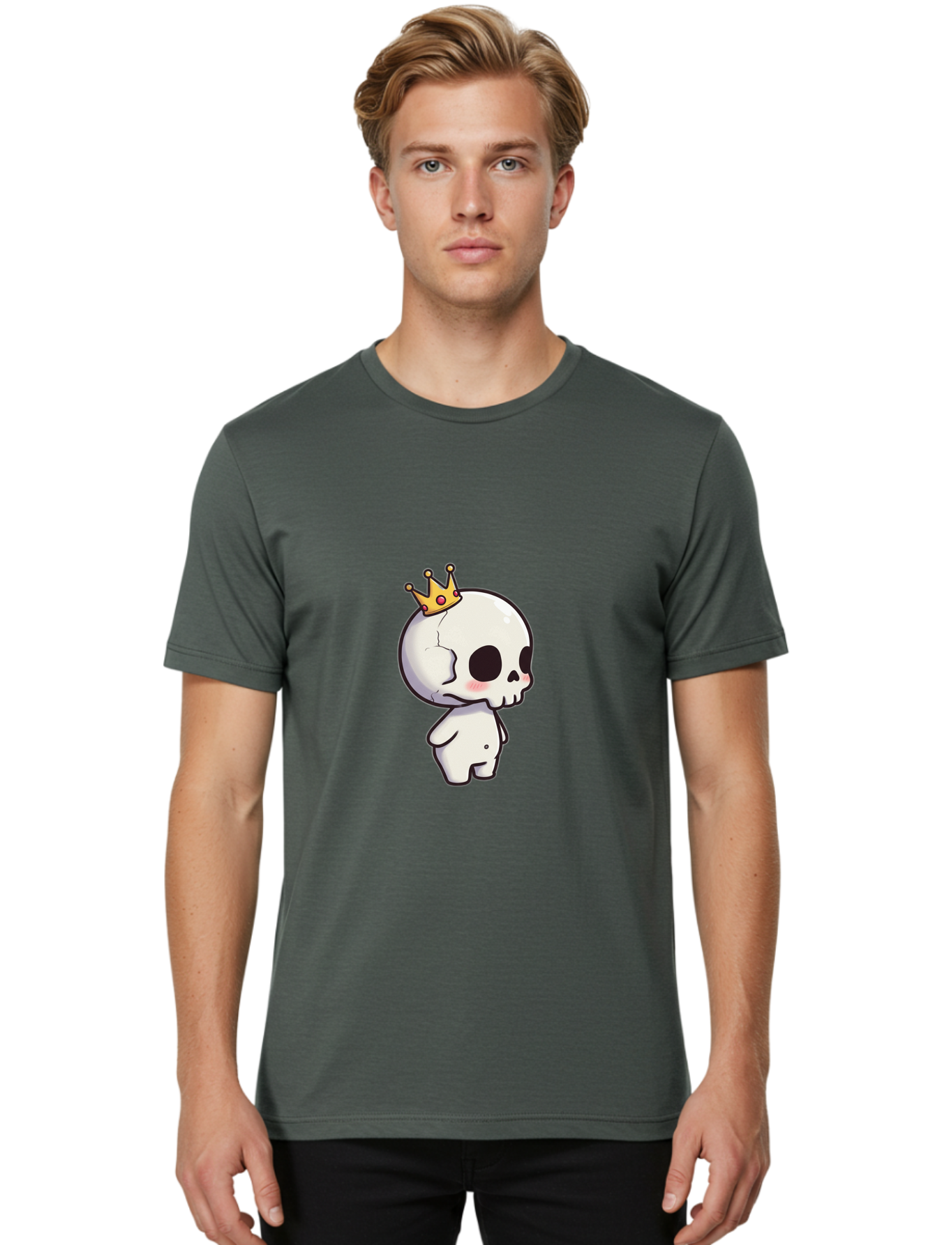 Cracked-Skull-With-Crown Men'S Graphic Tee, 100% Cotton, Comfortable Casual Summer Wear, Machine Washable, Cartoon Skull With Crown, Cute Skull, Kawaii Art, Skull Character, Crowned Character, Anime Style, Digital Illustration, Quirky Design, Bac927