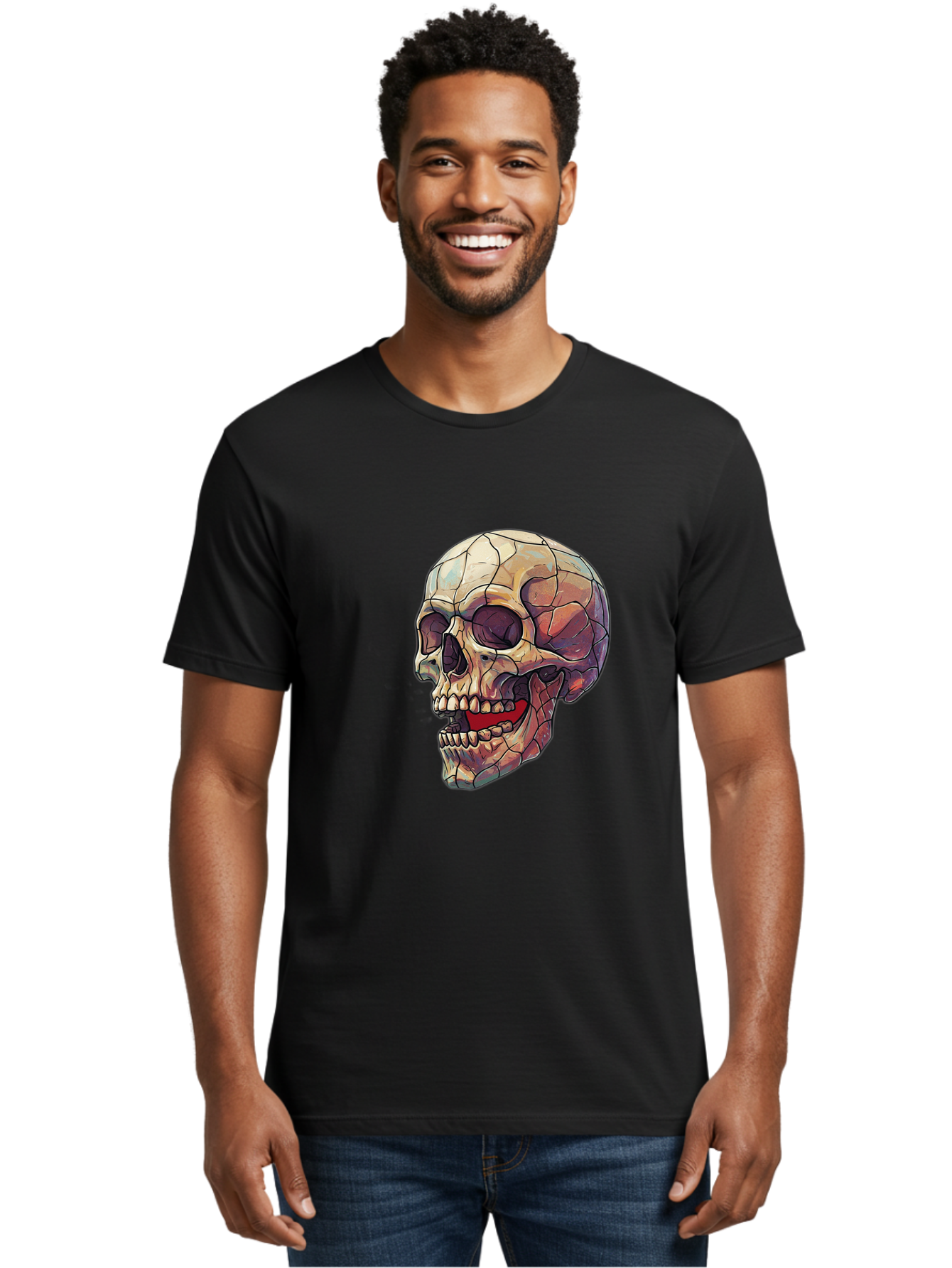 Cracked-Skull Men'S Graphic Tee, 100% Cotton, Comfortable Casual Summer Wear, Machine Washable, Human Skull, Cracked Bones, Red Tongue, Dental Anatomy, Skull Art, Gothic Illustration, Vibrant Colors, Bold Graphics Bac928