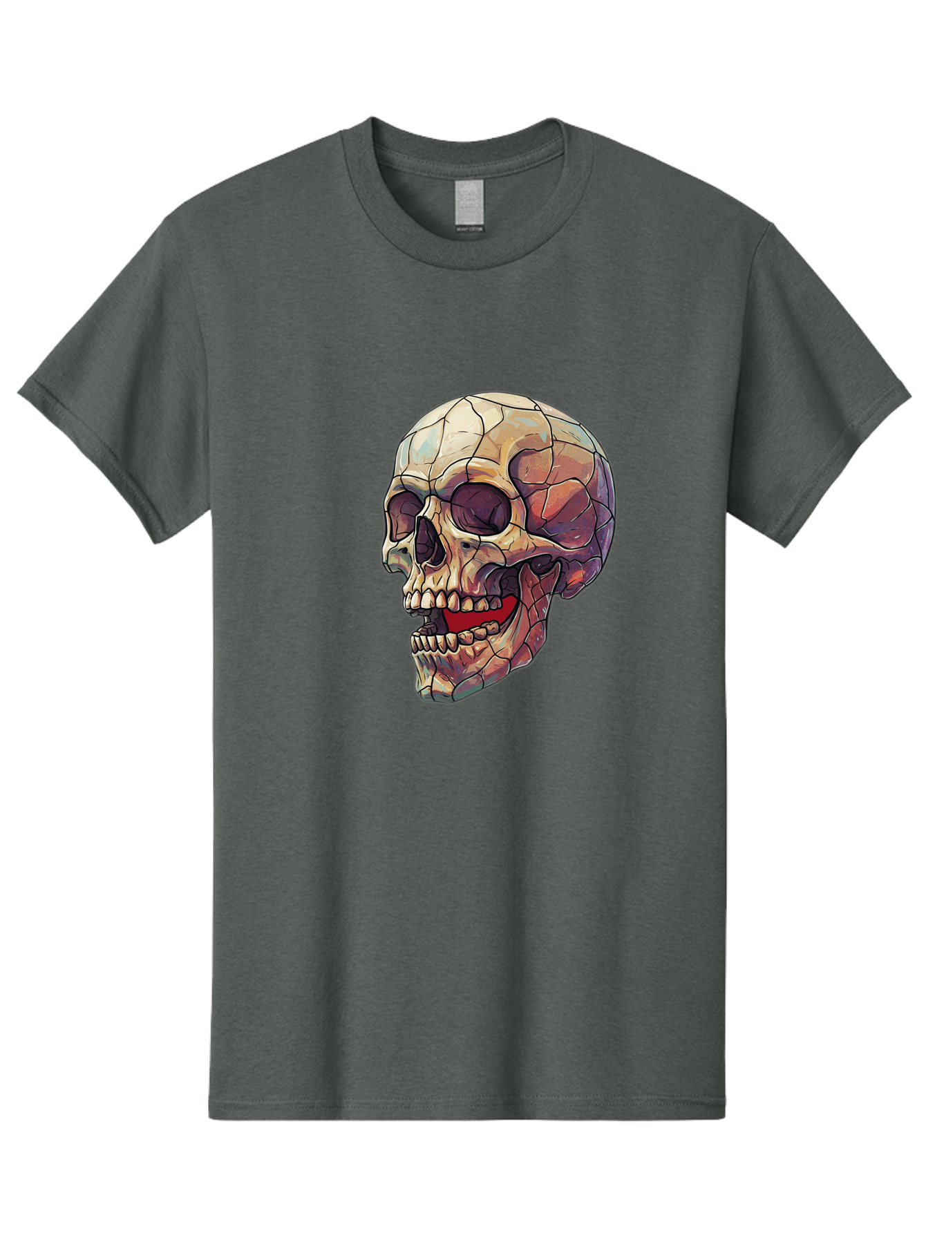 Cracked-Skull Men'S Graphic Tee, 100% Cotton, Comfortable Casual Summer Wear, Machine Washable, Human Skull, Cracked Bones, Red Tongue, Dental Anatomy, Skull Art, Gothic Illustration, Vibrant Colors, Bold Graphics Bac928