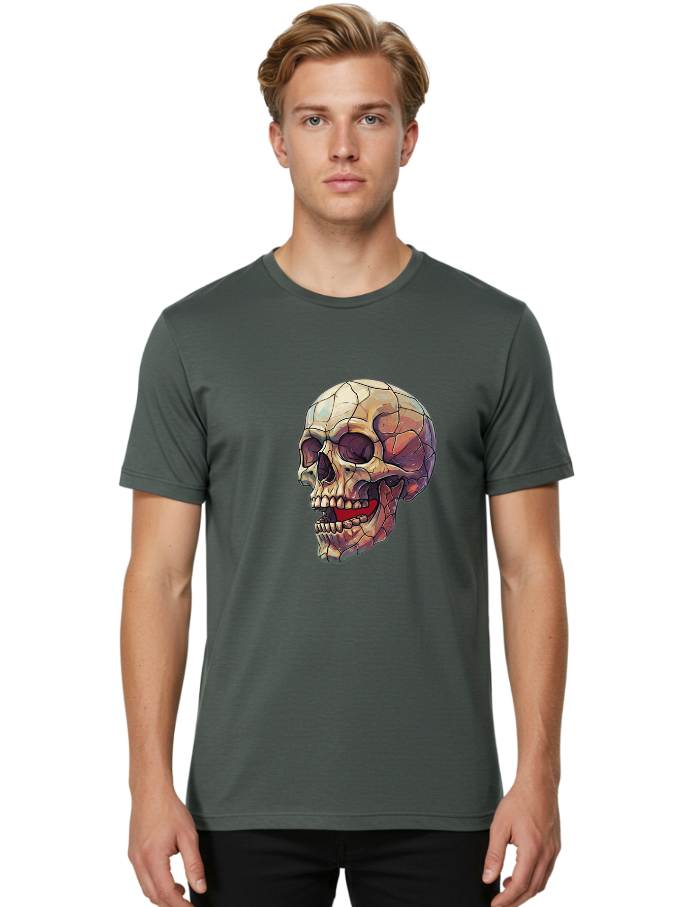 Cracked-Skull Men'S Graphic Tee, 100% Cotton, Comfortable Casual Summer Wear, Machine Washable, Human Skull, Cracked Bones, Red Tongue, Dental Anatomy, Skull Art, Gothic Illustration, Vibrant Colors, Bold Graphics Bac928