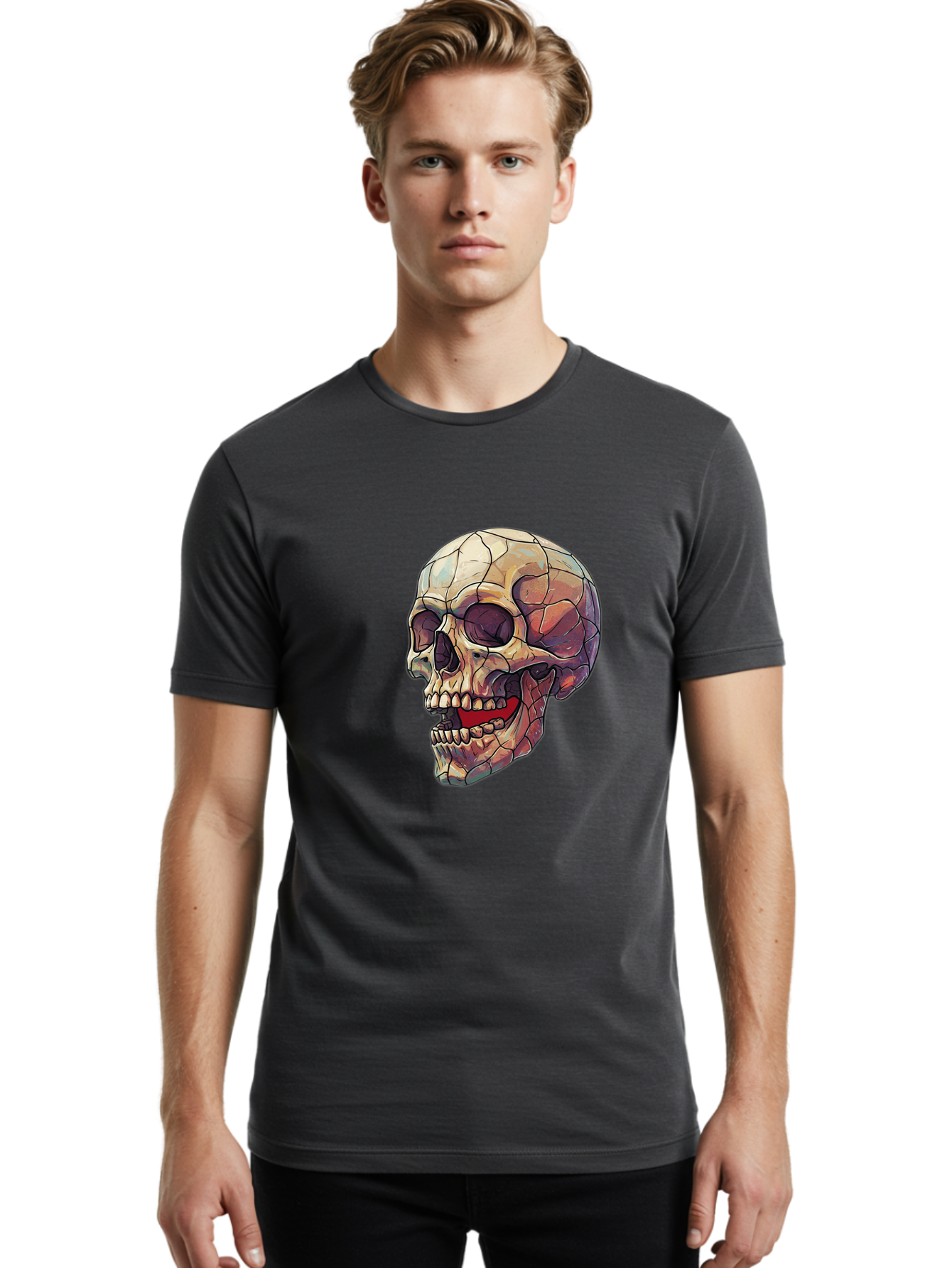 Cracked-Skull Men'S Graphic Tee, 100% Cotton, Comfortable Casual Summer Wear, Machine Washable, Human Skull, Cracked Bones, Red Tongue, Dental Anatomy, Skull Art, Gothic Illustration, Vibrant Colors, Bold Graphics Bac928