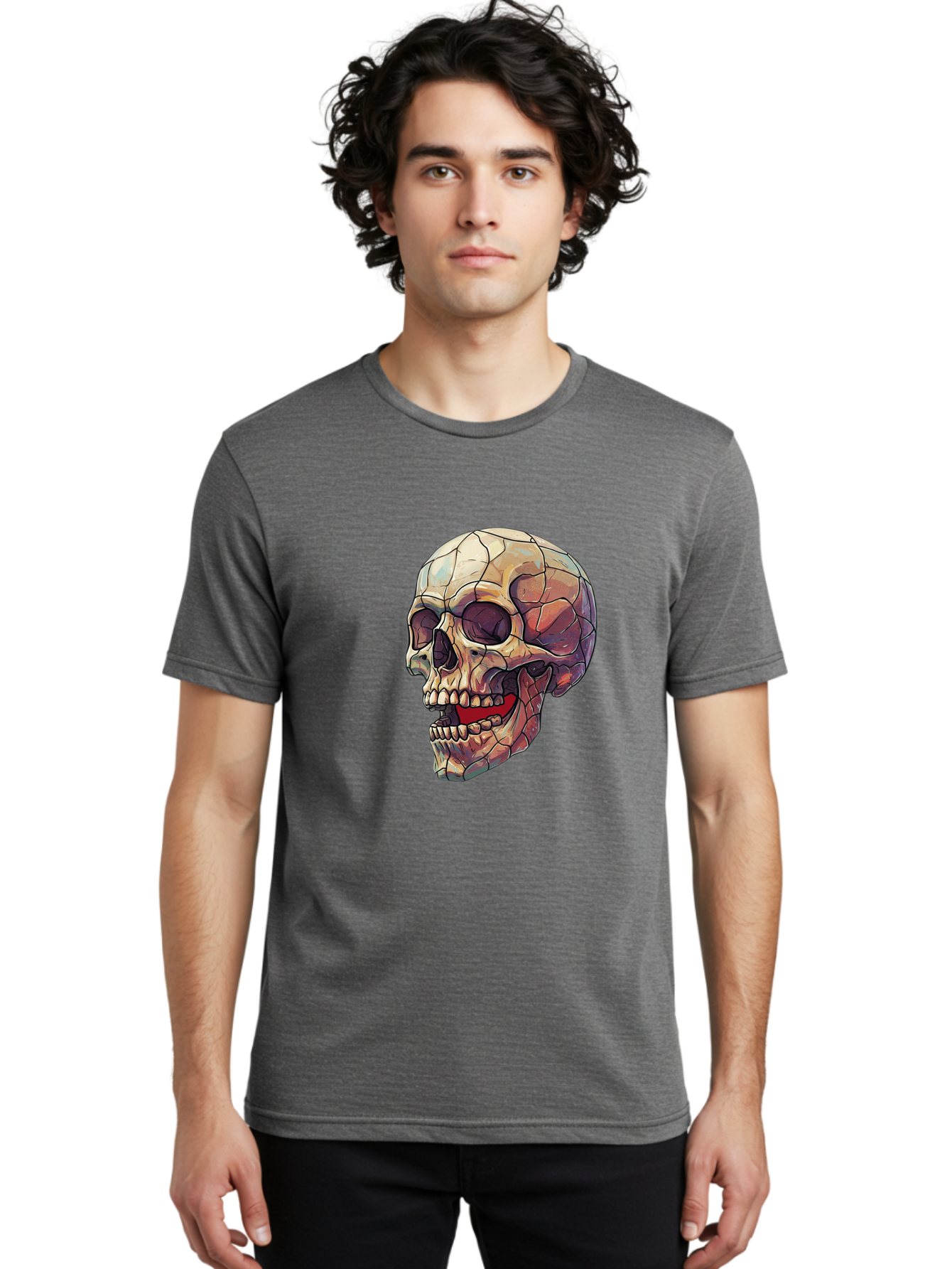 Cracked-Skull Men'S Graphic Tee, 100% Cotton, Comfortable Casual Summer Wear, Machine Washable, Human Skull, Cracked Bones, Red Tongue, Dental Anatomy, Skull Art, Gothic Illustration, Vibrant Colors, Bold Graphics Bac928