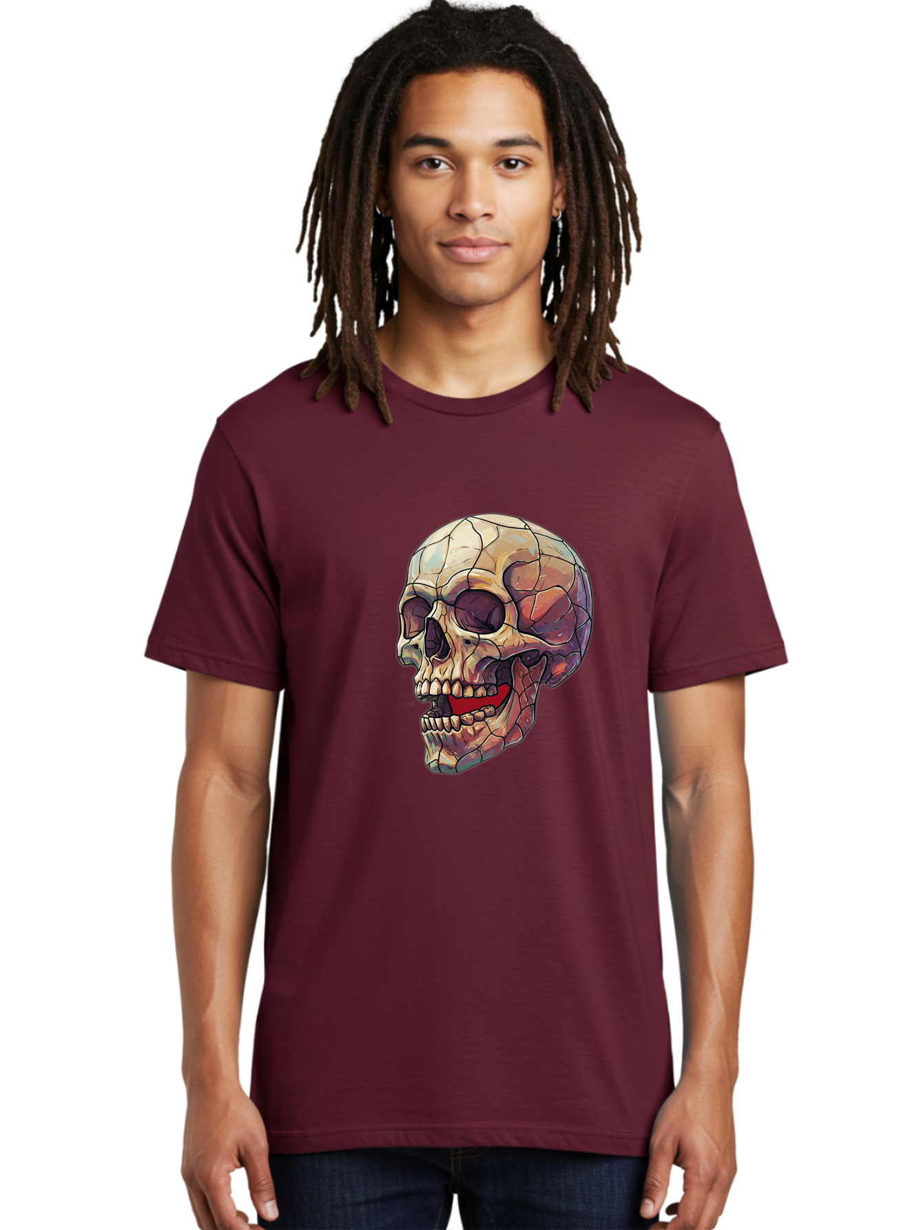 Cracked-Skull Men'S Graphic Tee, 100% Cotton, Comfortable Casual Summer Wear, Machine Washable, Human Skull, Cracked Bones, Red Tongue, Dental Anatomy, Skull Art, Gothic Illustration, Vibrant Colors, Bold Graphics Bac928