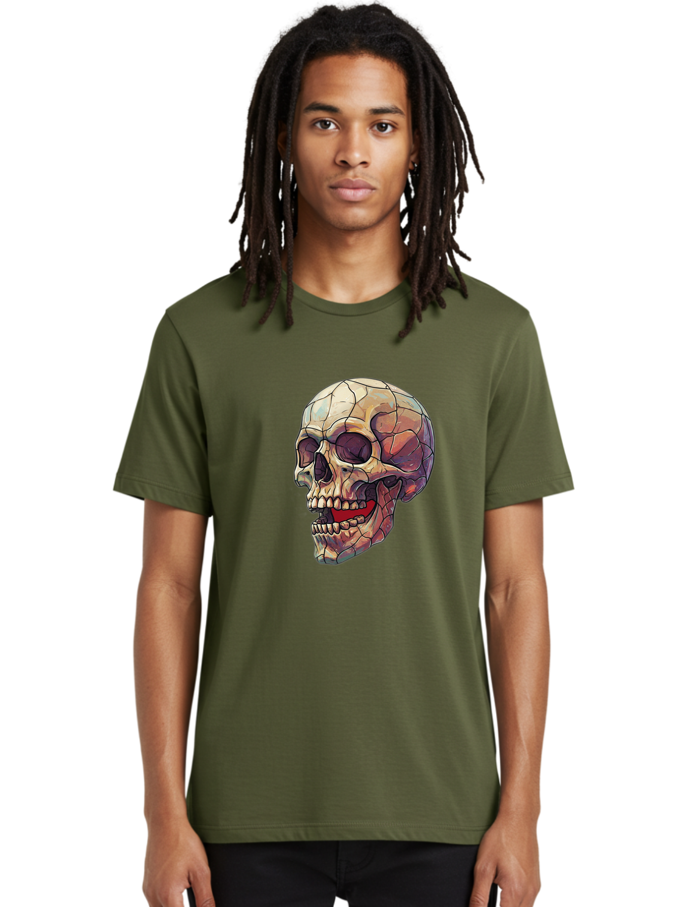 Cracked-Skull Men'S Graphic Tee, 100% Cotton, Comfortable Casual Summer Wear, Machine Washable, Human Skull, Cracked Bones, Red Tongue, Dental Anatomy, Skull Art, Gothic Illustration, Vibrant Colors, Bold Graphics Bac928