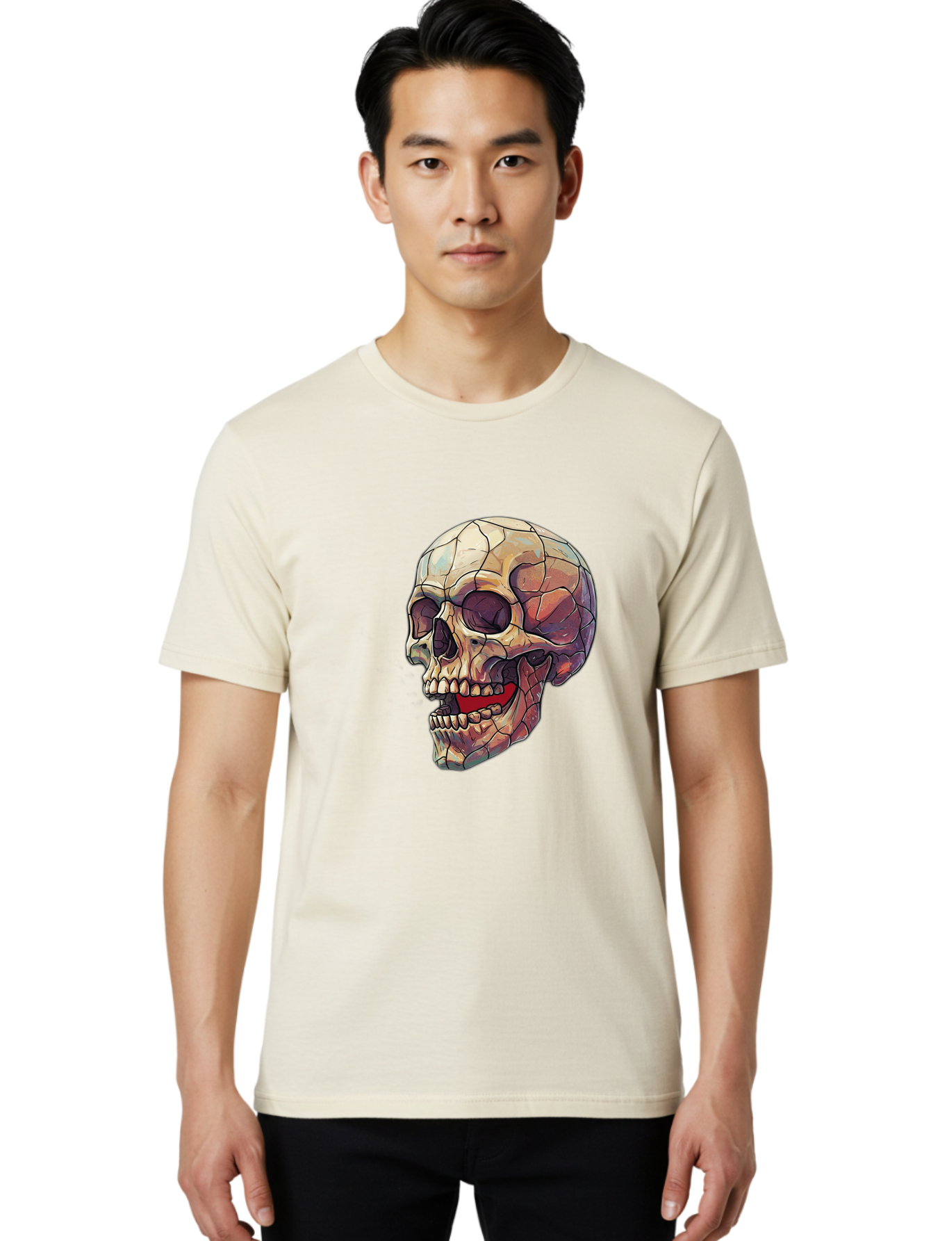Cracked-Skull Men'S Graphic Tee, 100% Cotton, Comfortable Casual Summer Wear, Machine Washable, Human Skull, Cracked Bones, Red Tongue, Dental Anatomy, Skull Art, Gothic Illustration, Vibrant Colors, Bold Graphics Bac928
