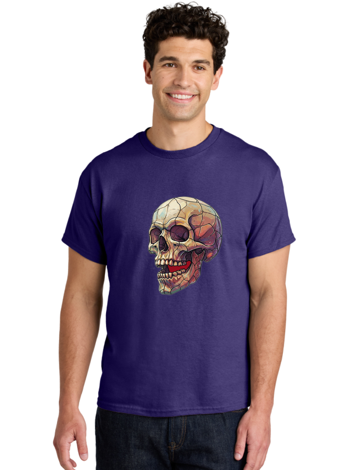 Cracked-Skull Men'S Graphic Tee, 100% Cotton, Comfortable Casual Summer Wear, Machine Washable, Human Skull, Cracked Bones, Red Tongue, Dental Anatomy, Skull Art, Gothic Illustration, Vibrant Colors, Bold Graphics Bac928