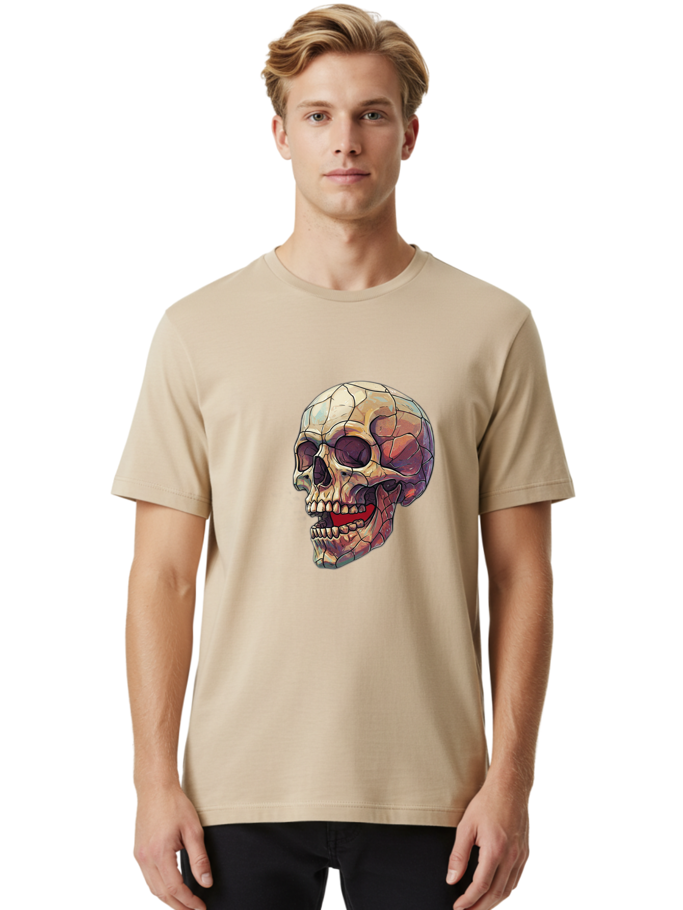 Cracked-Skull Men'S Graphic Tee, 100% Cotton, Comfortable Casual Summer Wear, Machine Washable, Human Skull, Cracked Bones, Red Tongue, Dental Anatomy, Skull Art, Gothic Illustration, Vibrant Colors, Bold Graphics Bac928