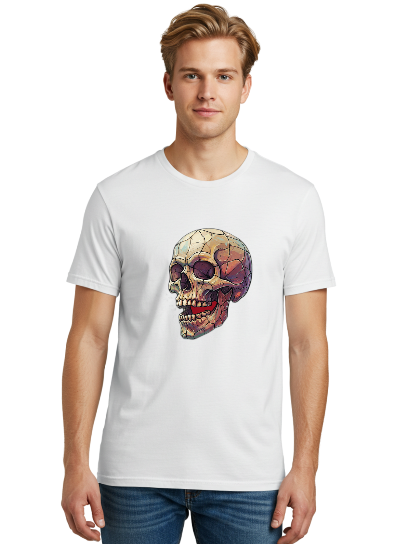 Cracked-Skull Men'S Graphic Tee, 100% Cotton, Comfortable Casual Summer Wear, Machine Washable, Human Skull, Cracked Bones, Red Tongue, Dental Anatomy, Skull Art, Gothic Illustration, Vibrant Colors, Bold Graphics Bac928