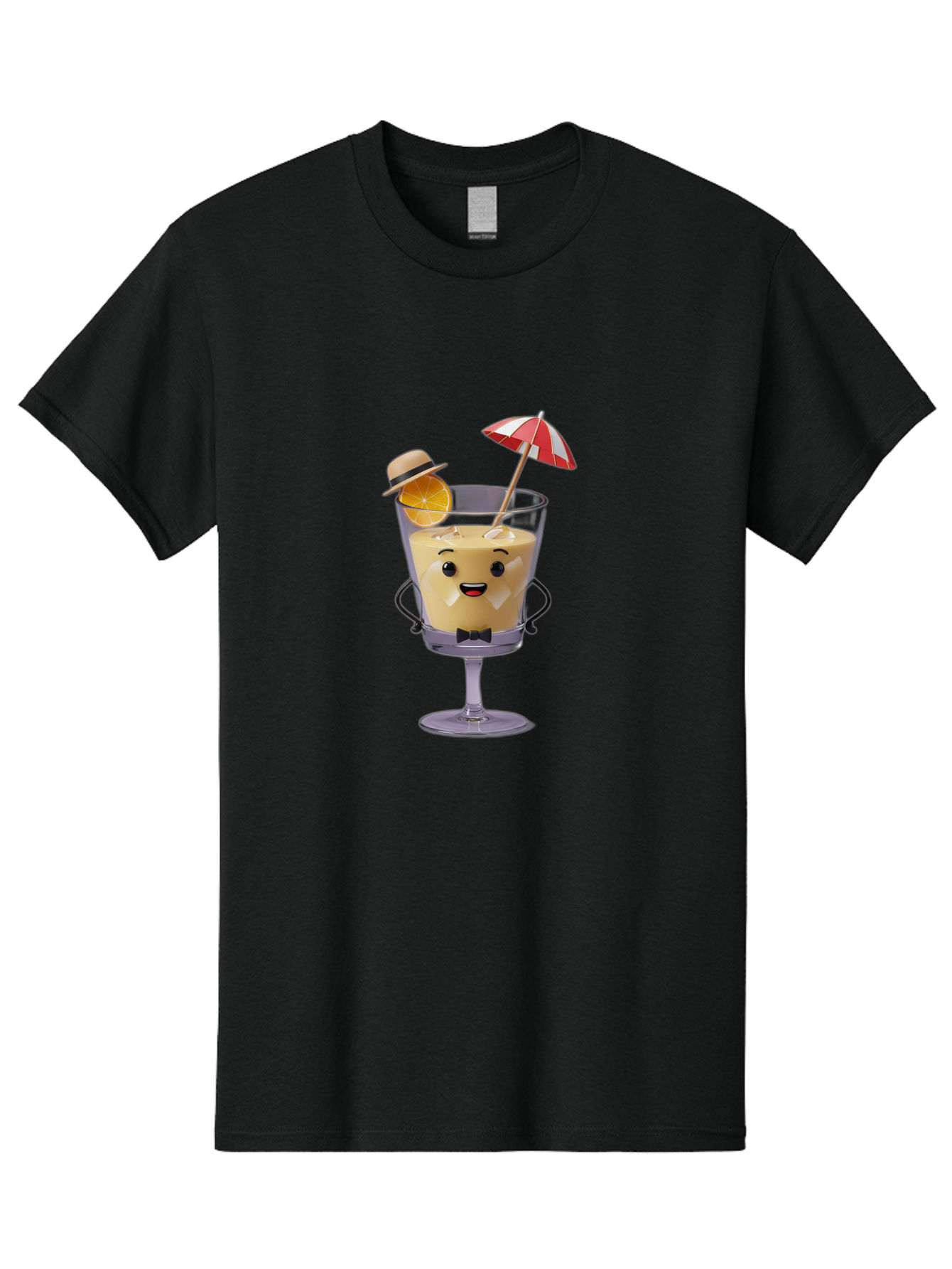 Creamy-Cocktail Men'S Graphic Tee, 100% Cotton, Comfortable Casual Summer Wear, Machine Washable, Fun Cocktail, Orange Slice, Red And White Umbrella, Beige Hat, Smiling Face, Bow Tie, Summer Drink, Refreshing Beverage Bac929