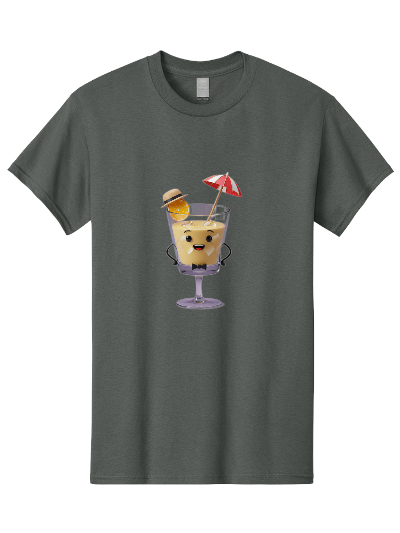 Creamy-Cocktail Men'S Graphic Tee, 100% Cotton, Comfortable Casual Summer Wear, Machine Washable, Fun Cocktail, Orange Slice, Red And White Umbrella, Beige Hat, Smiling Face, Bow Tie, Summer Drink, Refreshing Beverage Bac929