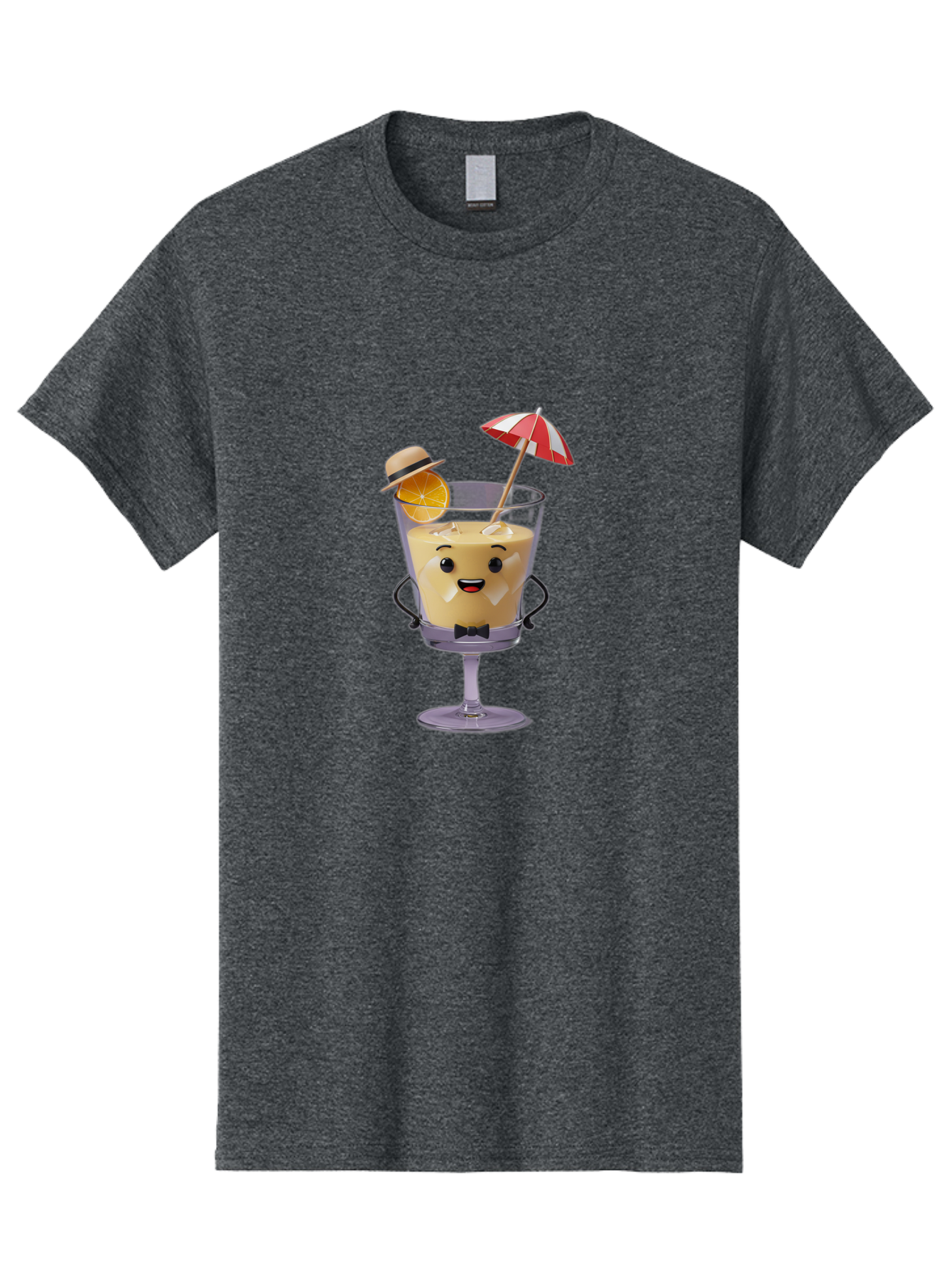 Creamy-Cocktail Men'S Graphic Tee, 100% Cotton, Comfortable Casual Summer Wear, Machine Washable, Fun Cocktail, Orange Slice, Red And White Umbrella, Beige Hat, Smiling Face, Bow Tie, Summer Drink, Refreshing Beverage Bac929