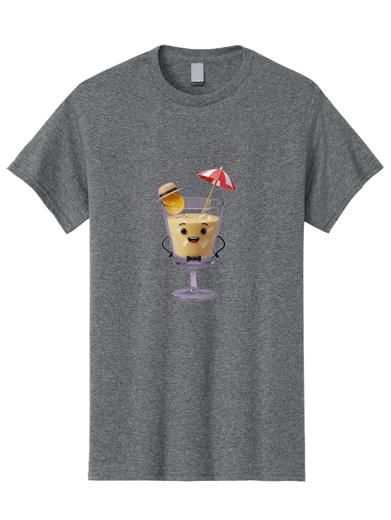 Creamy-Cocktail Men'S Graphic Tee, 100% Cotton, Comfortable Casual Summer Wear, Machine Washable, Fun Cocktail, Orange Slice, Red And White Umbrella, Beige Hat, Smiling Face, Bow Tie, Summer Drink, Refreshing Beverage Bac929